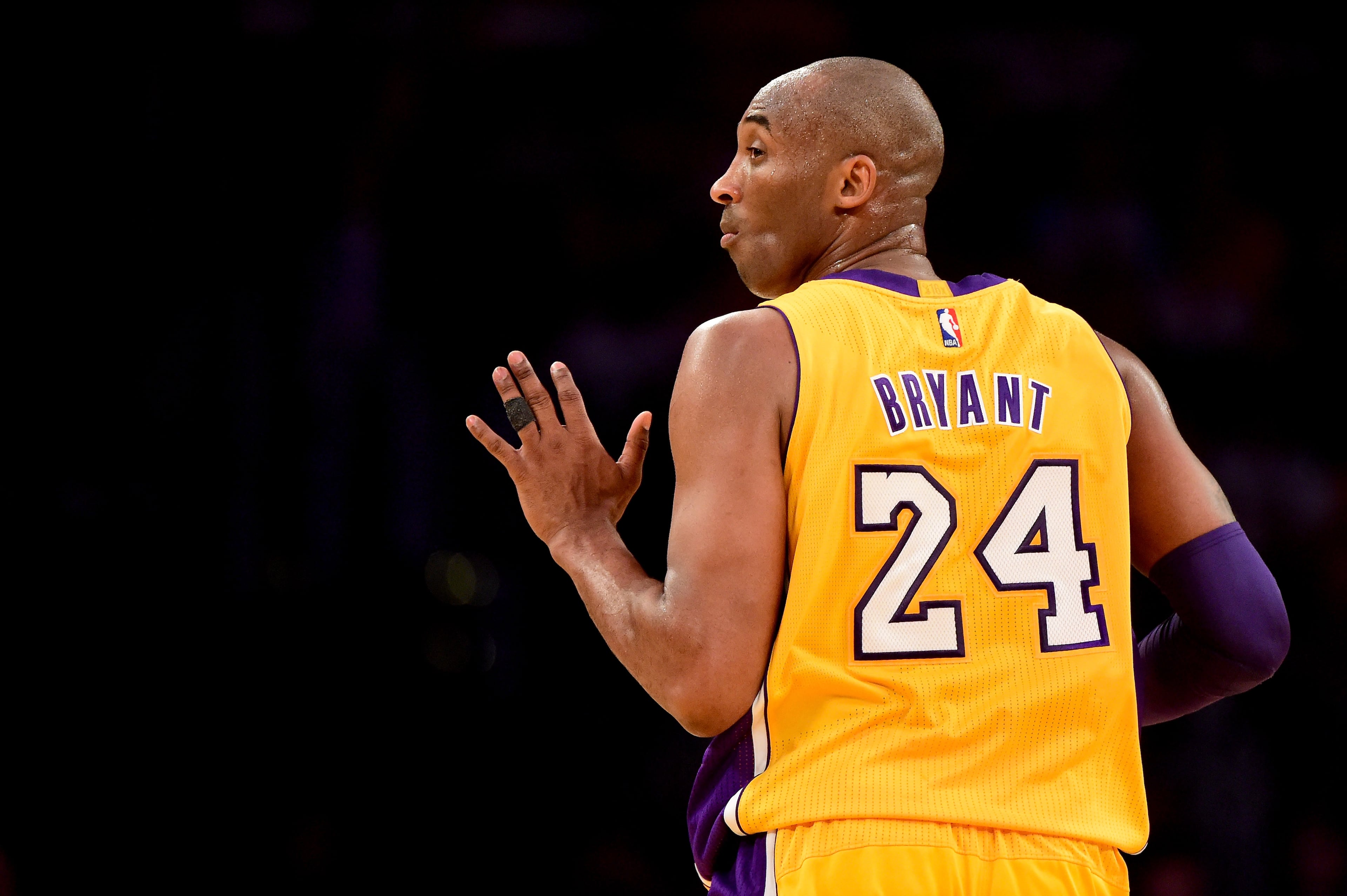 Kobe Bryant #24 of the Los Angeles Lakers reacts while taking on the Utah Jazz at Staples Center on April 13, 2016 in Los Angeles, California. (Photo by Harry How/Getty Images)