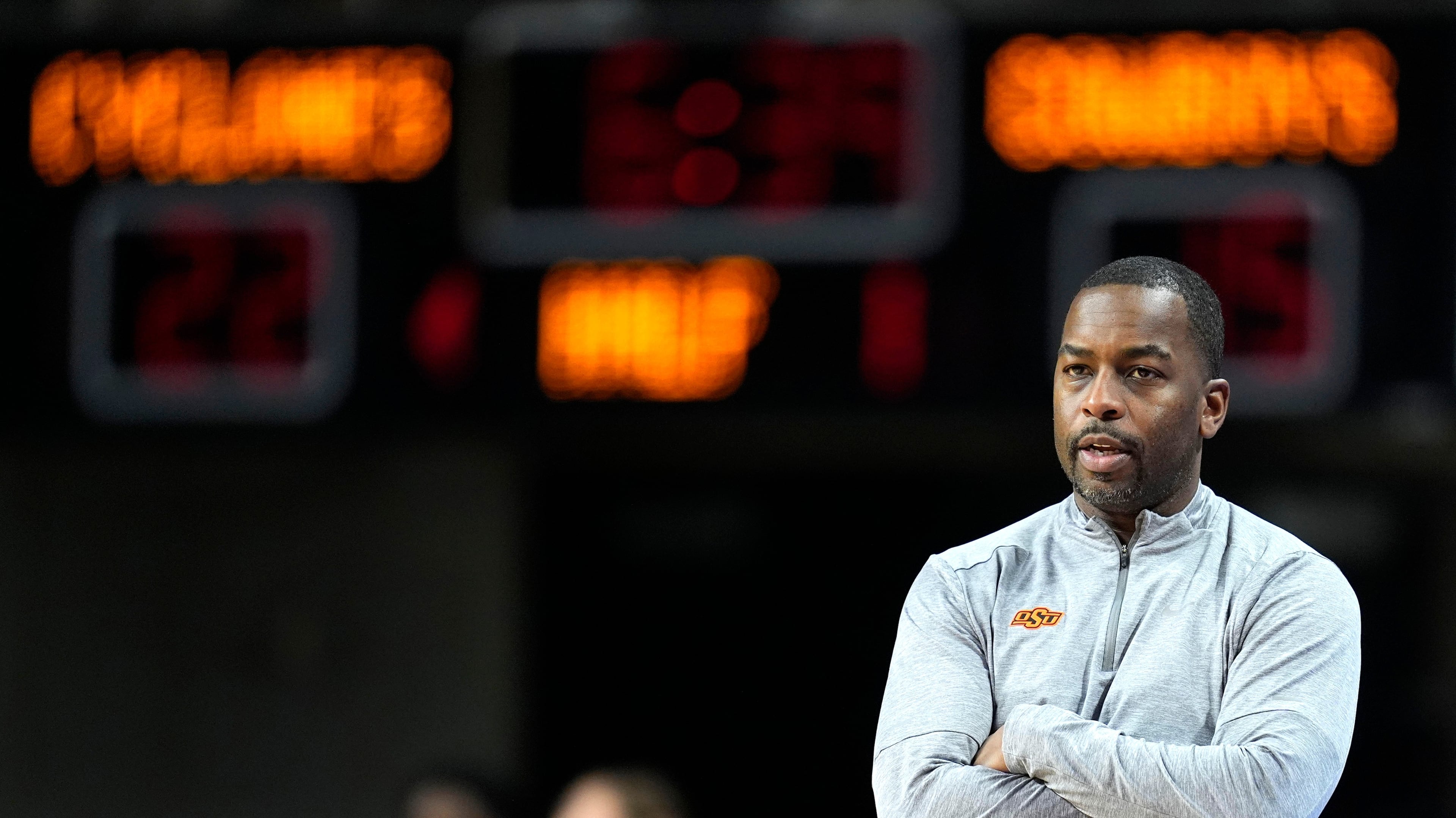 FILE - Oklahoma State head coach Mike Boynton watches from the bench during the first half of an NCAA college basketball game against Iowa State, Jan. 13, 2024, in Ames, Iowa. (AP Photo/Charlie Neibergall, File)