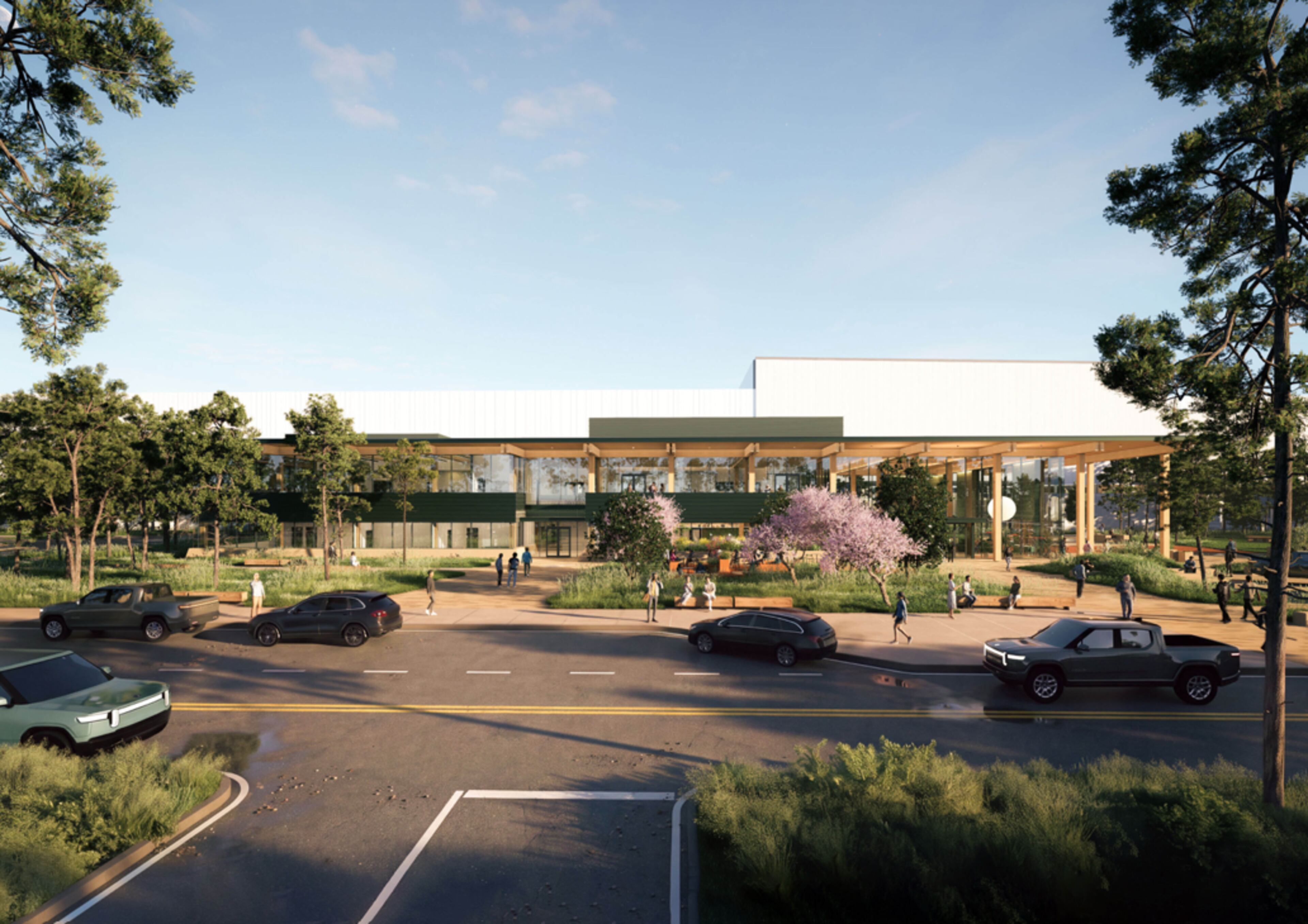 This is a rendering of the outside of Rivian's planned service delivery center at its future $5 billion factory in Georgia. (Courtesy of Rivian) Permission email submitted