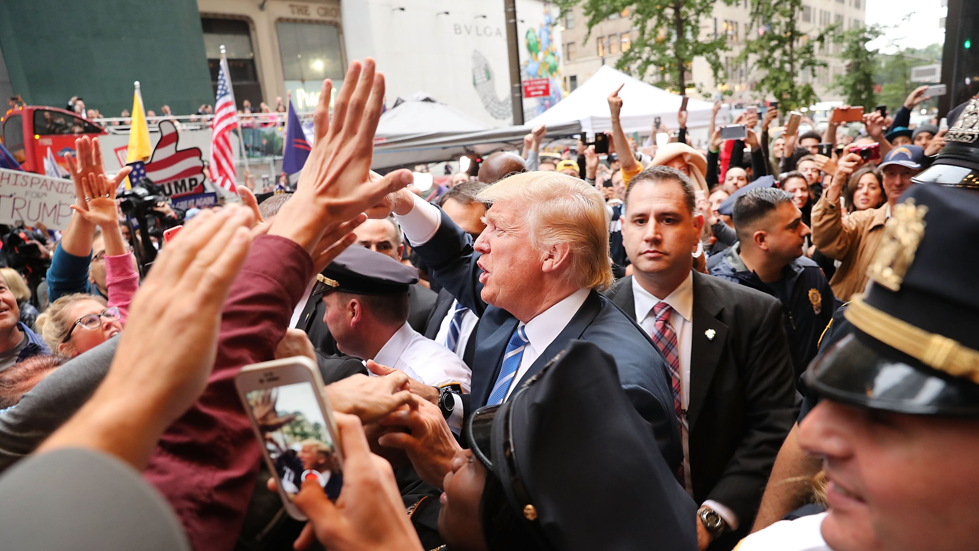 Donald Trump greets supporters outside of Trump Towers in Manhattan October 8, 2016 in New York City. The Donald Trump campaign has faced numerous calls for him to step aside after a recording from 2005 revealed lewd comments Trump made about women. (Photo by Spencer Platt/Getty Images) ***BESTPIX***