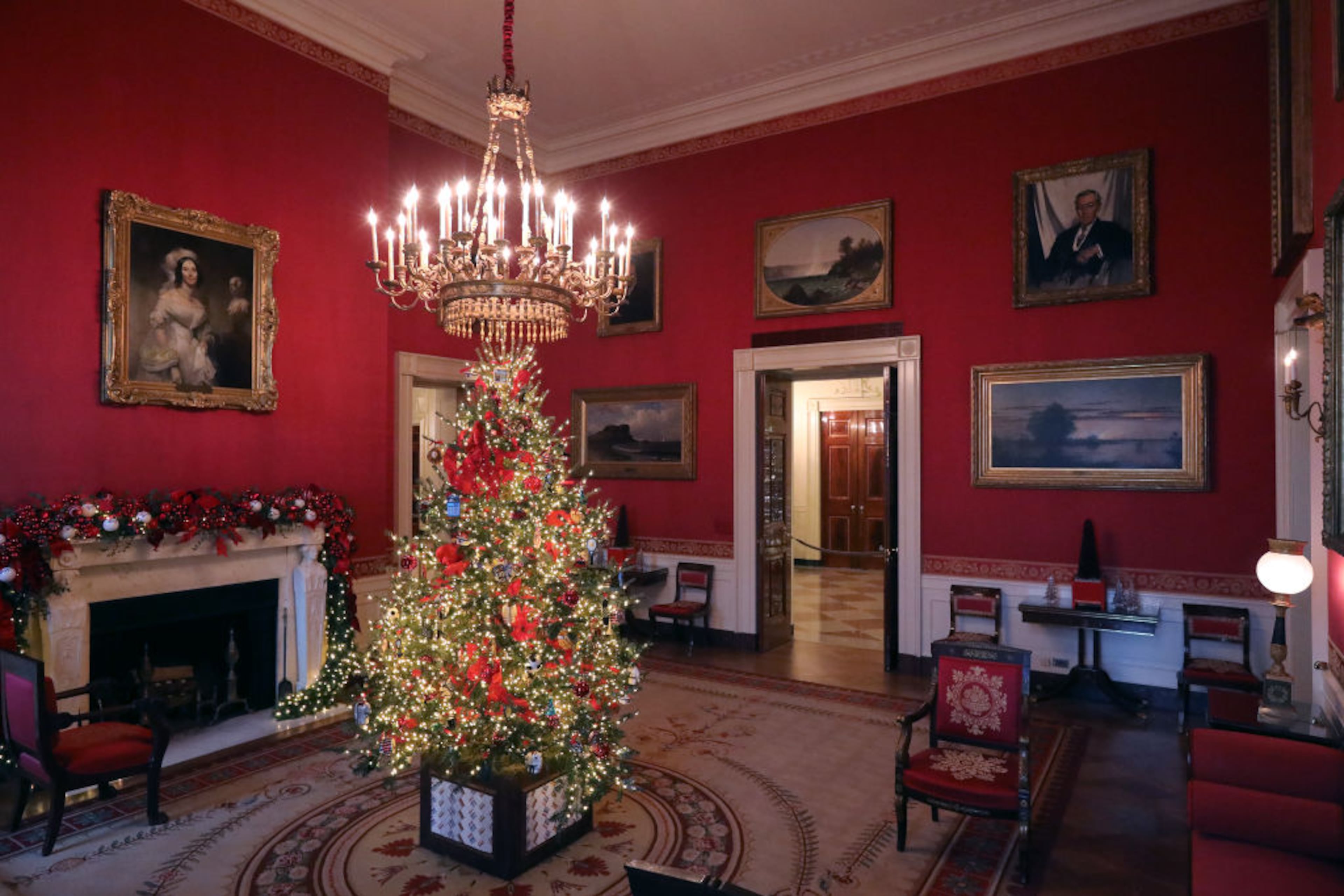 WASHINGTON, DC - NOVEMBER 26: Carrying first lady Melania Trump's 'Be Best' initiative, the Red Room is decorated to 'celebrate children through the décor, which displays ways in which children can excel in their own path' at the White House November 26, 2018 in Washington, DC. The 2018 theme of the White House holiday decorations is 'American Treasures,' and features patriotic displays highlighting the country's 'unique heritage.' The White House expects to host 100 open houses and more than 30,000 guests who will tour the topiary trees, architectural models of major U.S. cities, the Gold Star family tree and national monuments in gingerbread. (Photo by Chip Somodevilla/Getty Images)