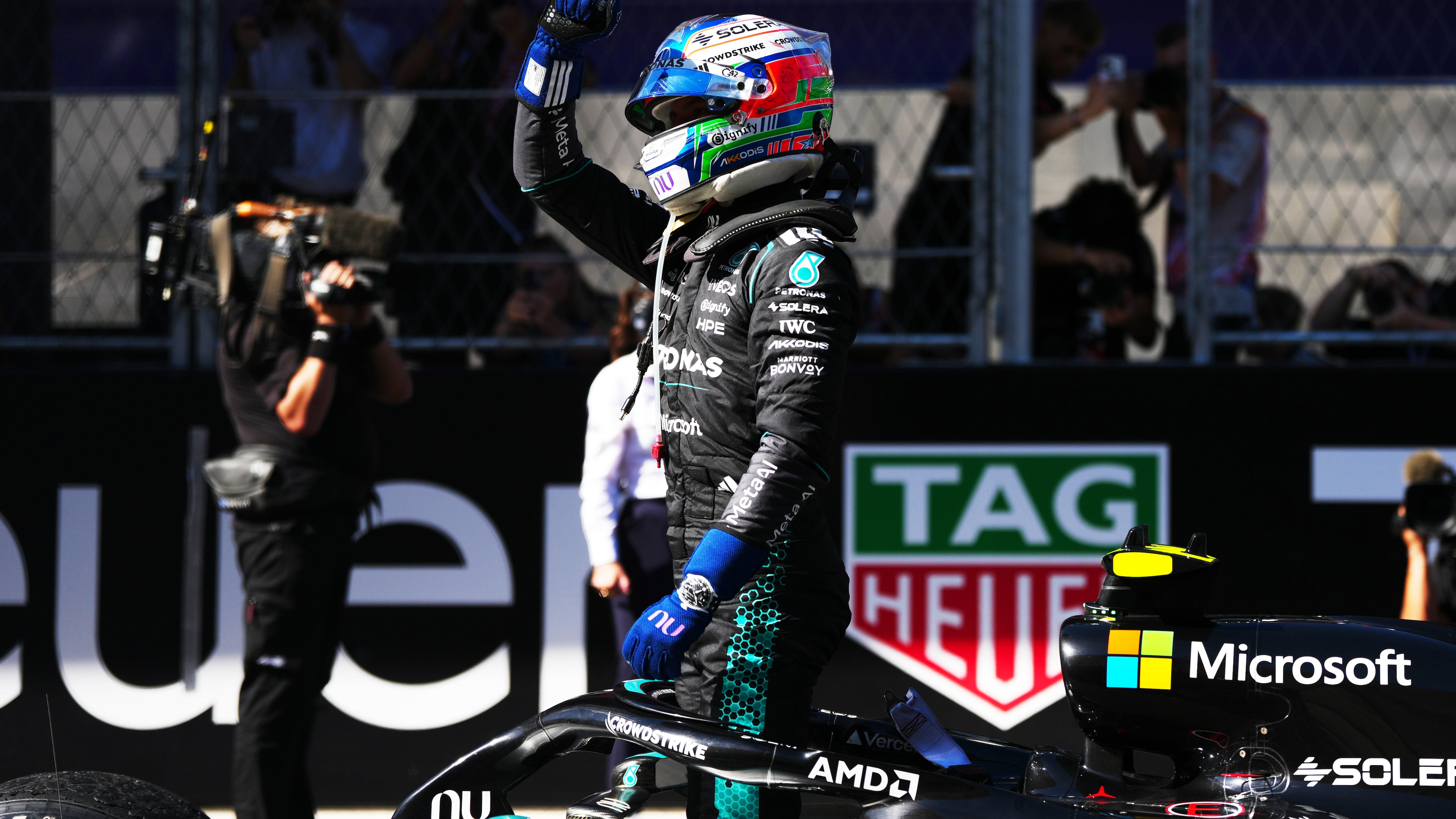 Mercedes driver Andrea Kimi Antonelli of Italy celebrates after winning the Spanish Formula One Grand Prix race in Madrid, Sunday, Sept. 13, 2026. (AP Photo/Manu Fernandez)