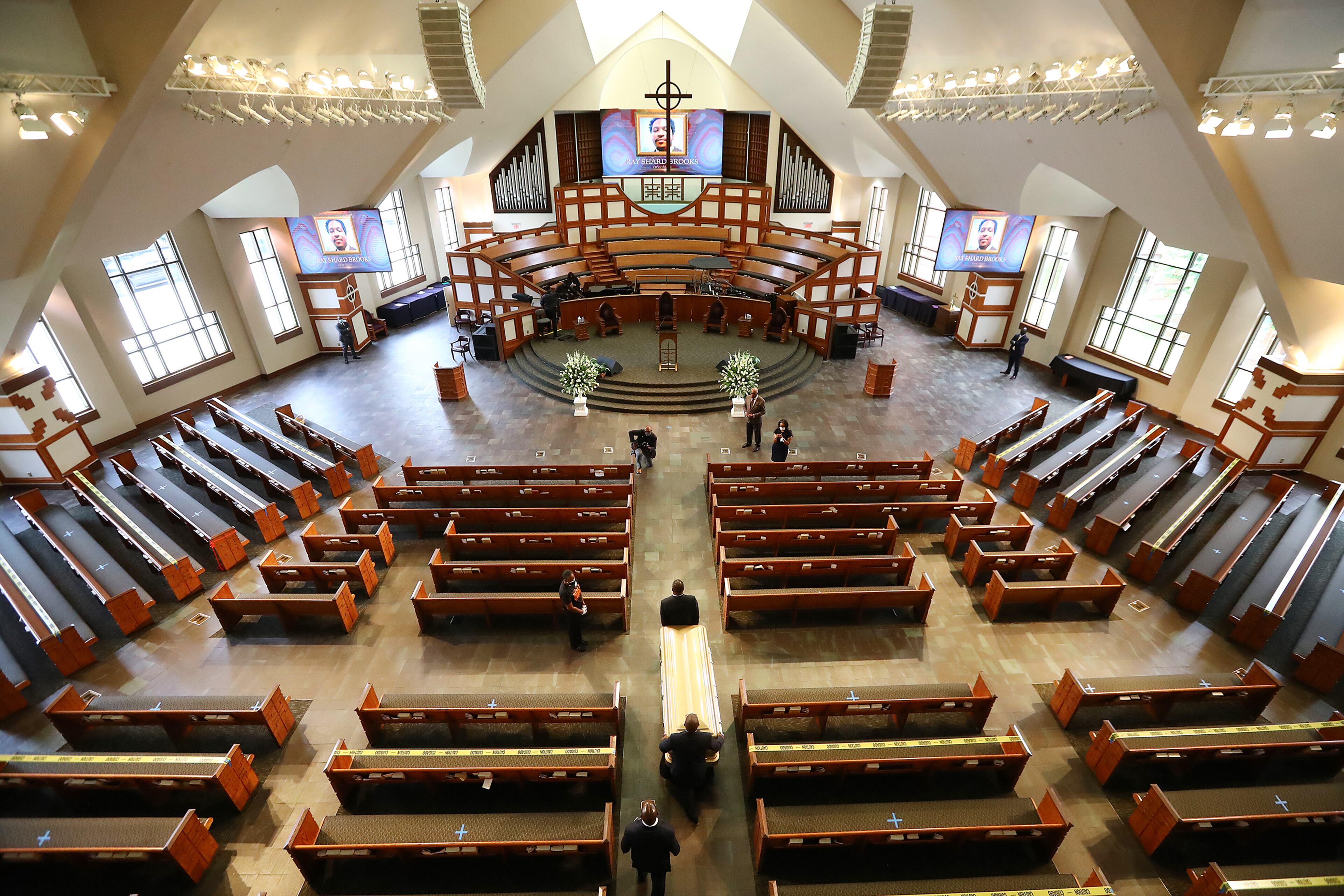 062220 Atlanta: The body of Rayshard Brooks arrives for his public viewing at Ebenezer Baptist Church on Monday, Jun 22, 2020 in Atlanta. Brooks, 27, died June 12 after being shot by an officer in a Wendyâs parking lot. Brooksâ death sparked protests in Atlanta and around the country. âEbenezer is a parish for all people, a sanctuary for those who suffer,â Rev. Raphael G. Warnock, senior pastor of Ebenezer, said in an emailed statement. âRayshard was not a member of our church but he, and his loved ones, are a part of our family. We seek to embrace them, comfort them and walk beside them in the days ahead.â A private funeral for Brooks will be held Tuesday at the church. Curtis Compton ccompton@ajc.com