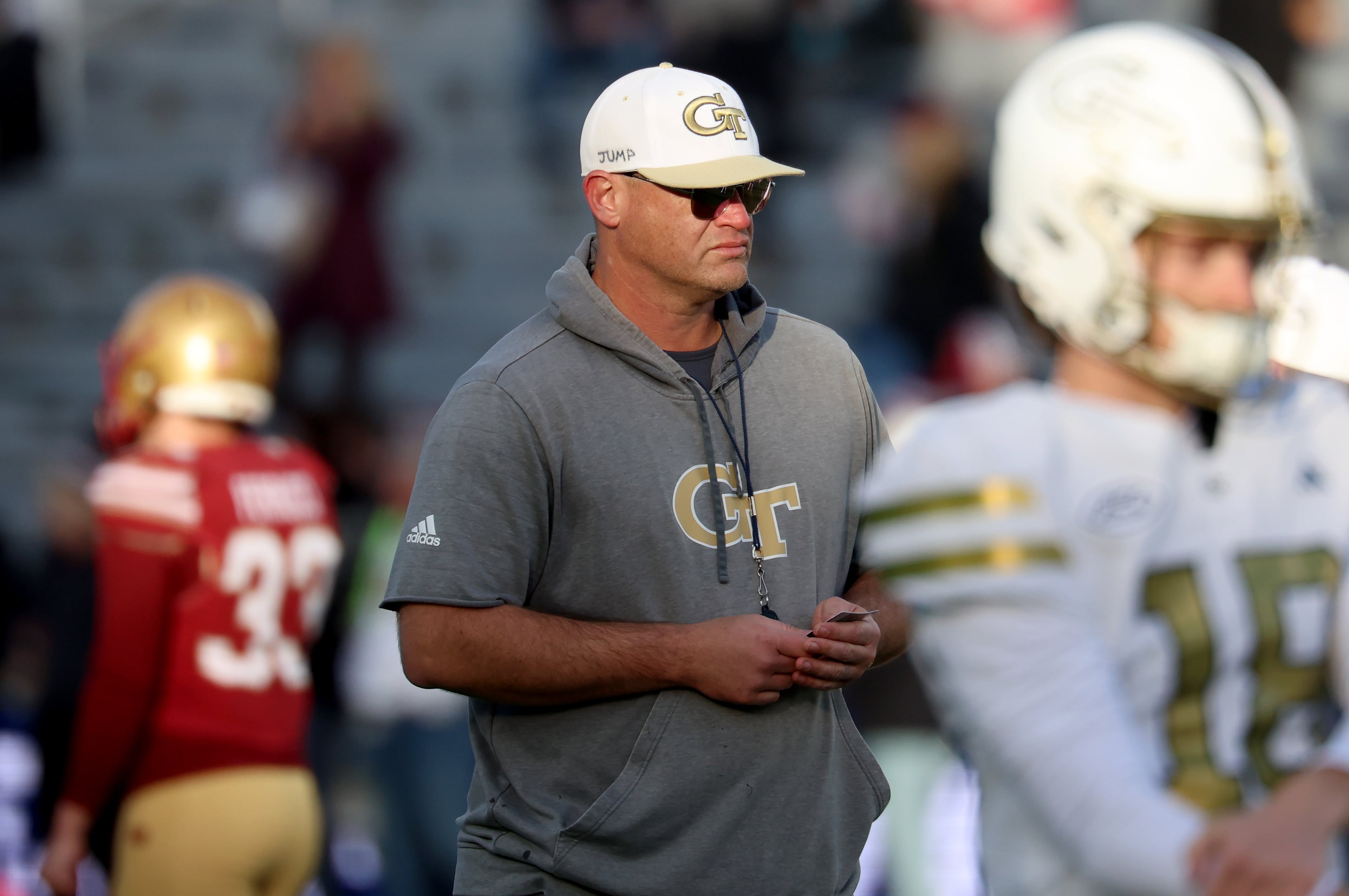 Georgia Tech head coach Brent Key looks on during warm-ups before an NCAA college football game against Boston College, Saturday, Nov. 15, 2025, in Boston. (AP Photo/Mark Stockwell)