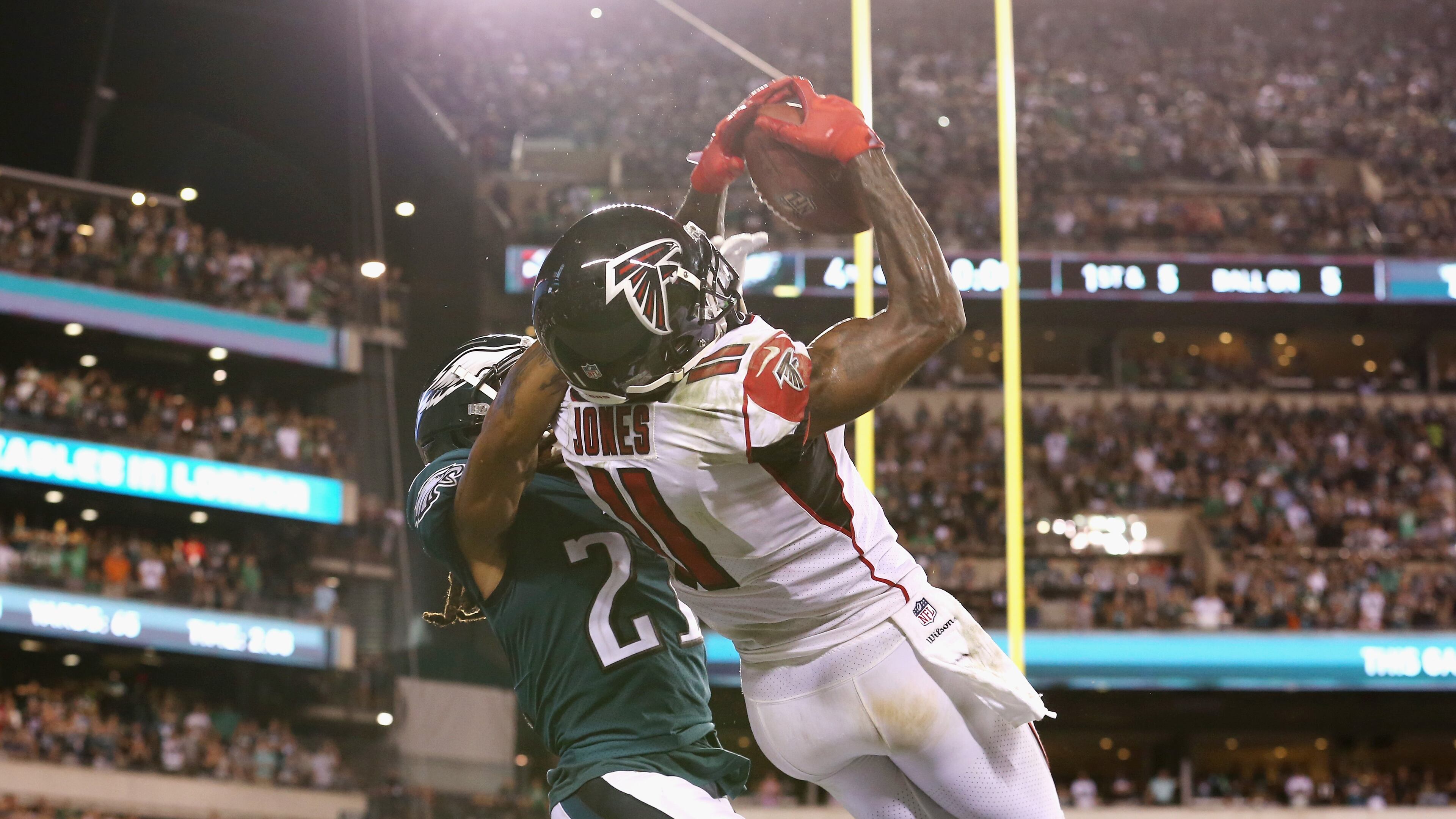Falcons receiver Julio Jones is unable to make a reception in the end zone as he is defended by Philadelphia's Ronald Darby on the final play of the fourth quarter Sept. 6, 2018, at Lincoln Financial Field in Philadelphia.