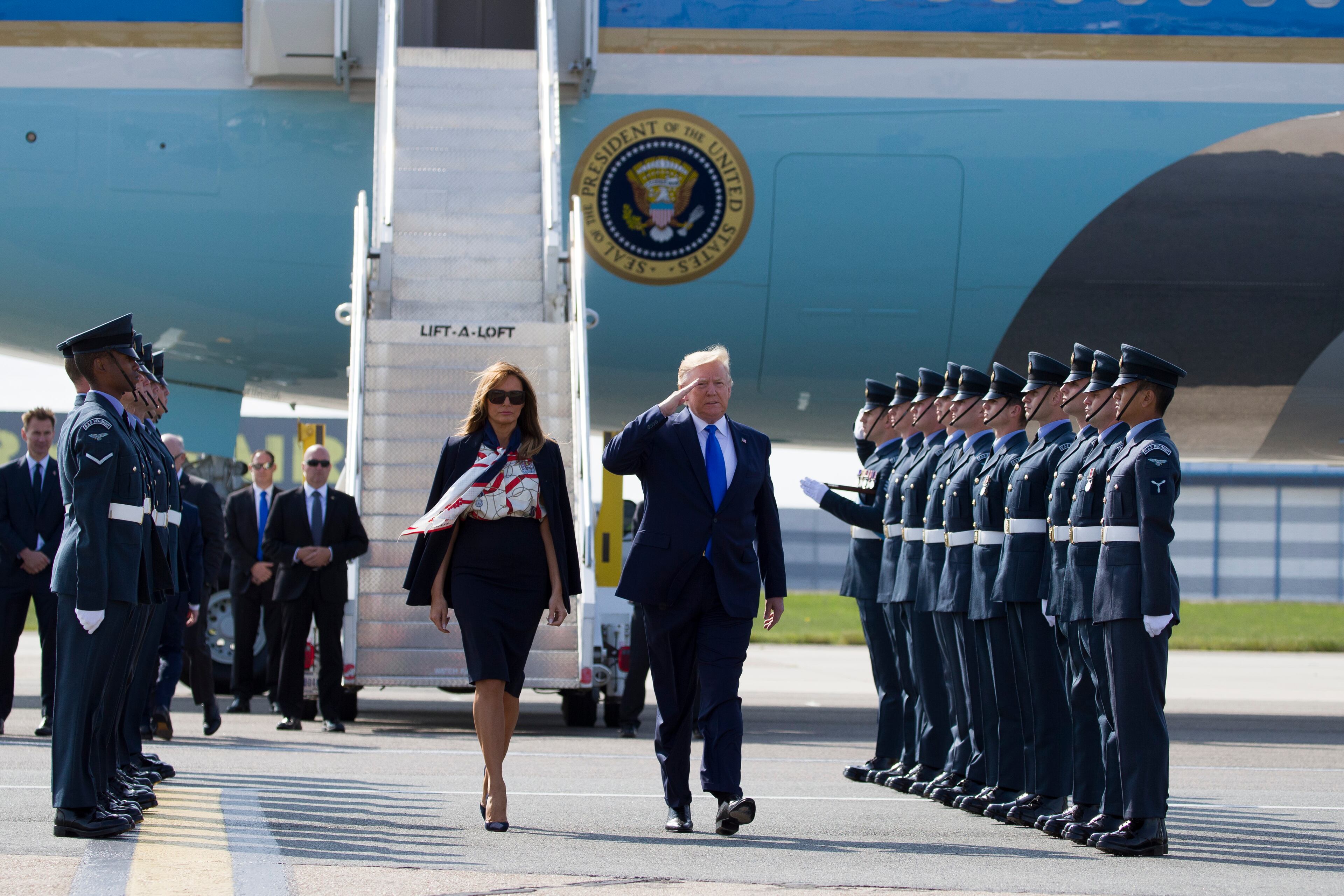 President Donald Trump and first lady Melania Trump arrive at Stansted Airport in England, Monday, June 3, 2019 at the start of a three day state visit to Britain. (AP Photo/Alex Brandon)