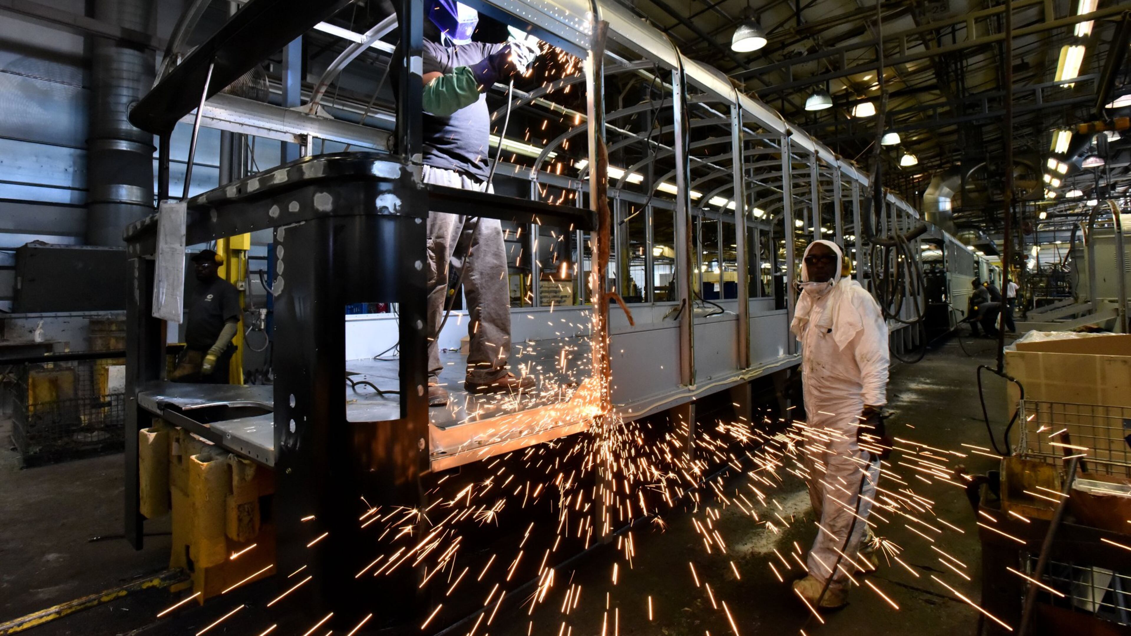 December 1, 2016 Fort Valley - A welder at Blue Bird Corp. “stick builds” the frame of a school bus, one part at a time. The company has added 500 employees this year, and considers its flexible custom-manufacturing one of its competitive advantages, . HYOSUB SHIN / HSHIN@AJC.COM