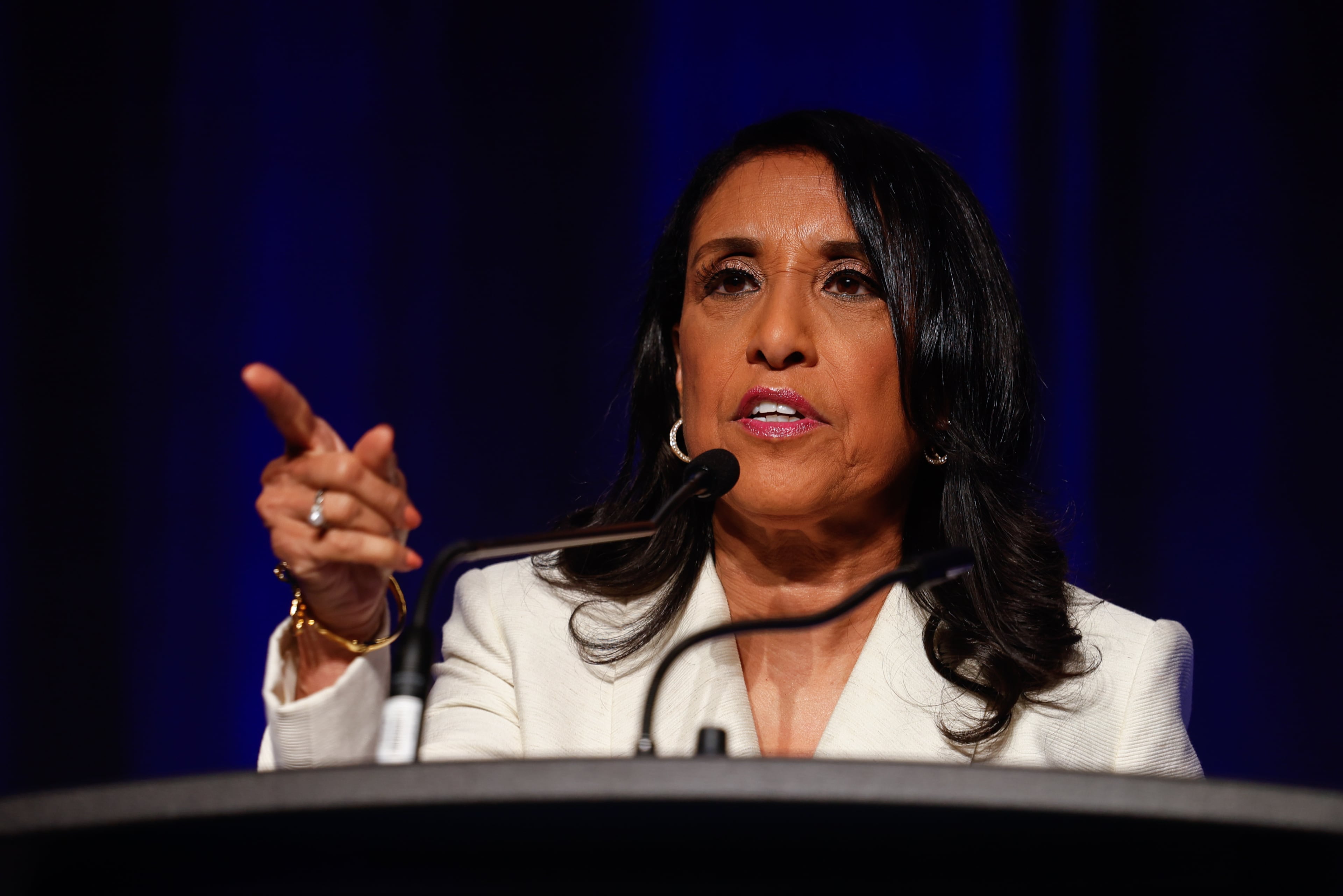 Democratic nominee for secretary of state Penny Brown Reynolds speaks at the Democratic Party of Georgia convention in Savannah last month. (Arvin Temkar/AJC)