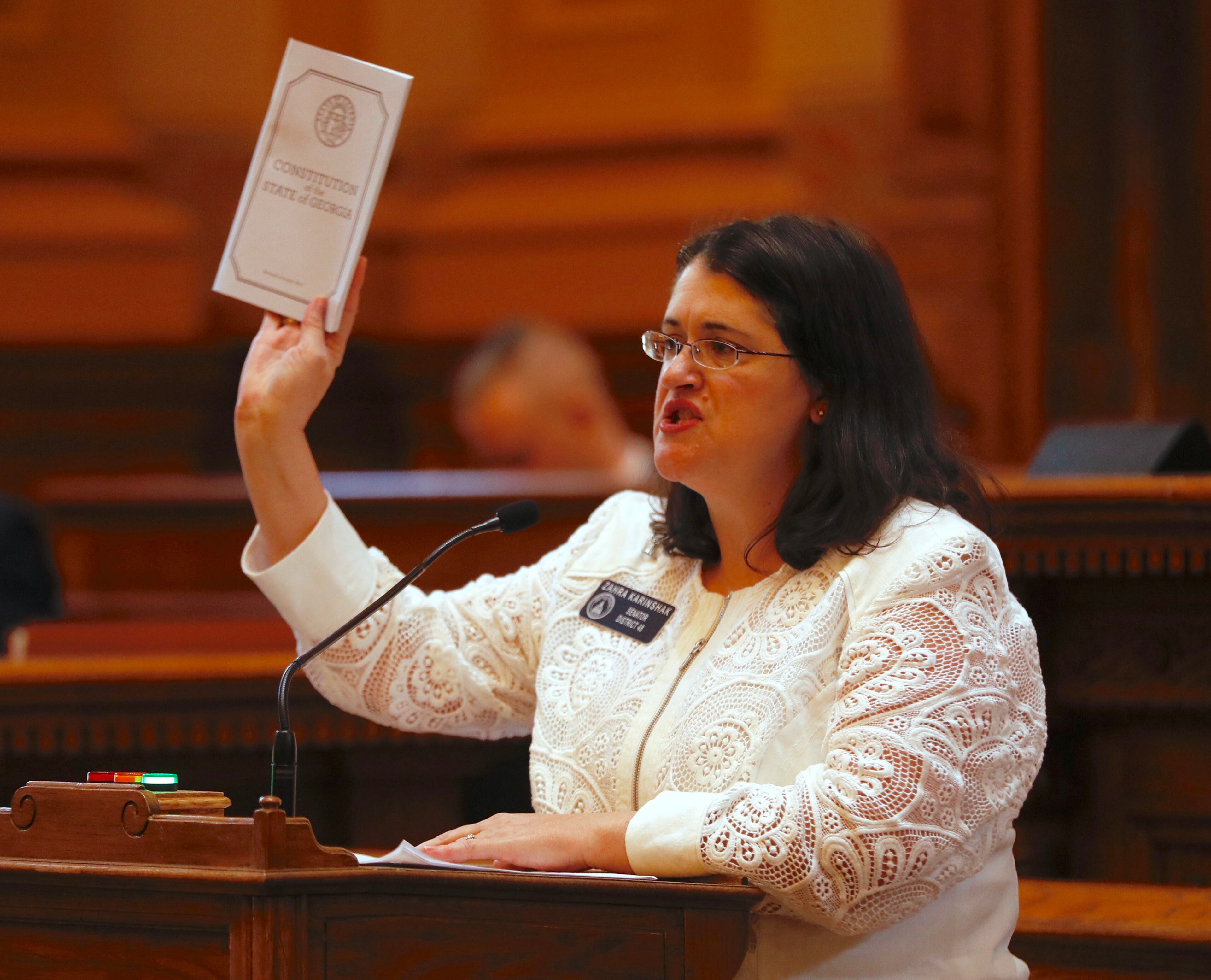 March 22, 2019 - Atlanta - Senator Zahra Karinshak holds a copy of the Constitution as she spoke in opposition to the bill. The Georgia Senate is set for a lengthy debate on the anti-abortion "heartbeat bill" Friday. Sen. Renee Unterman is carrying the bill for Rep. Ed Setzler. Bob Andres / bandres@ajc.com
