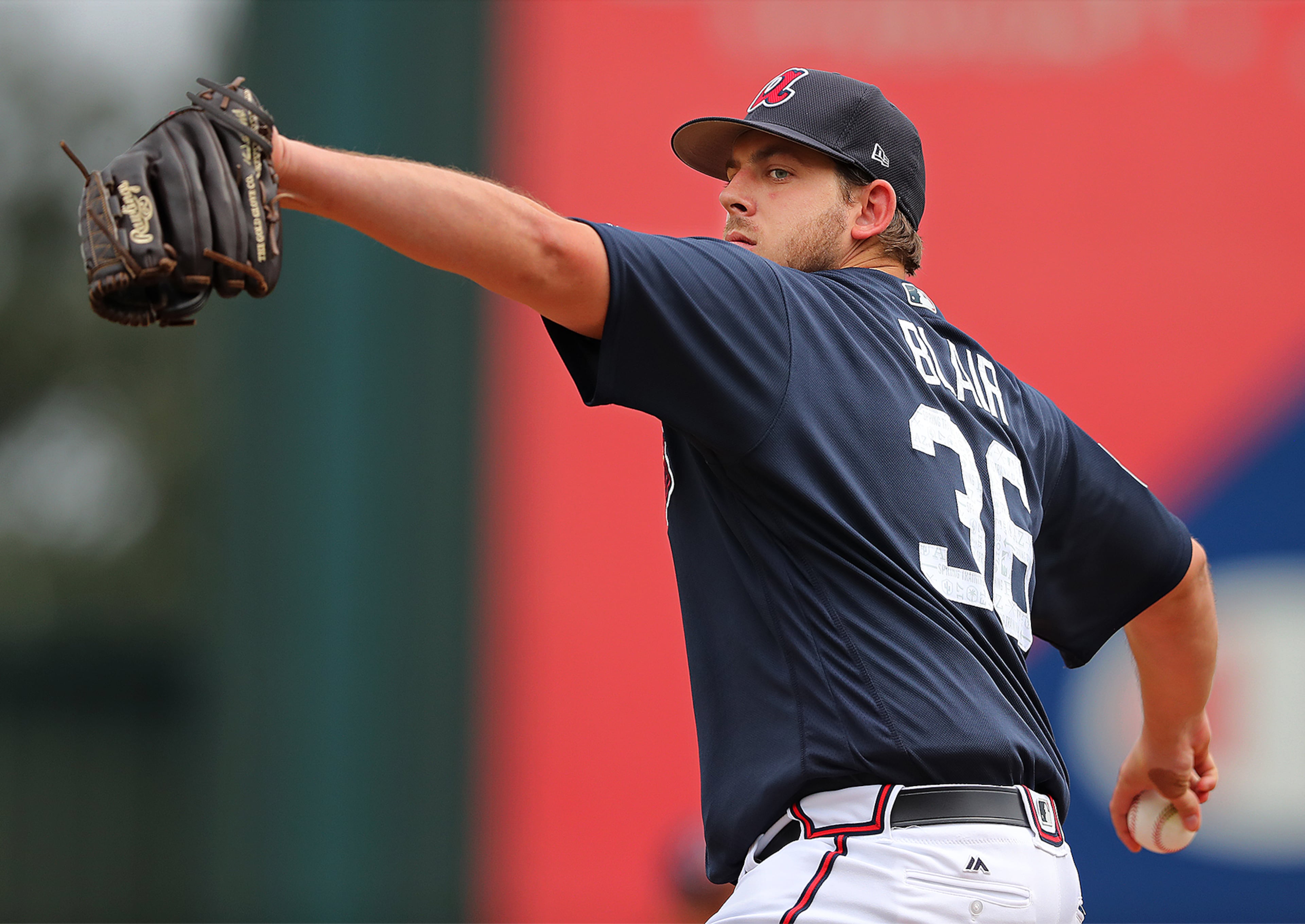February 18, 2017, Lake Buena Vista, FL: Atlanta Braves pitcher Aaron Blair delivers a pitch during the first full squad workout at Champion Stadium on Saturday Feb. 18, 2017, at the ESPN Wide World of Sports in Lake Buena Vista. Curtis Compton/ccompton@ajc.com