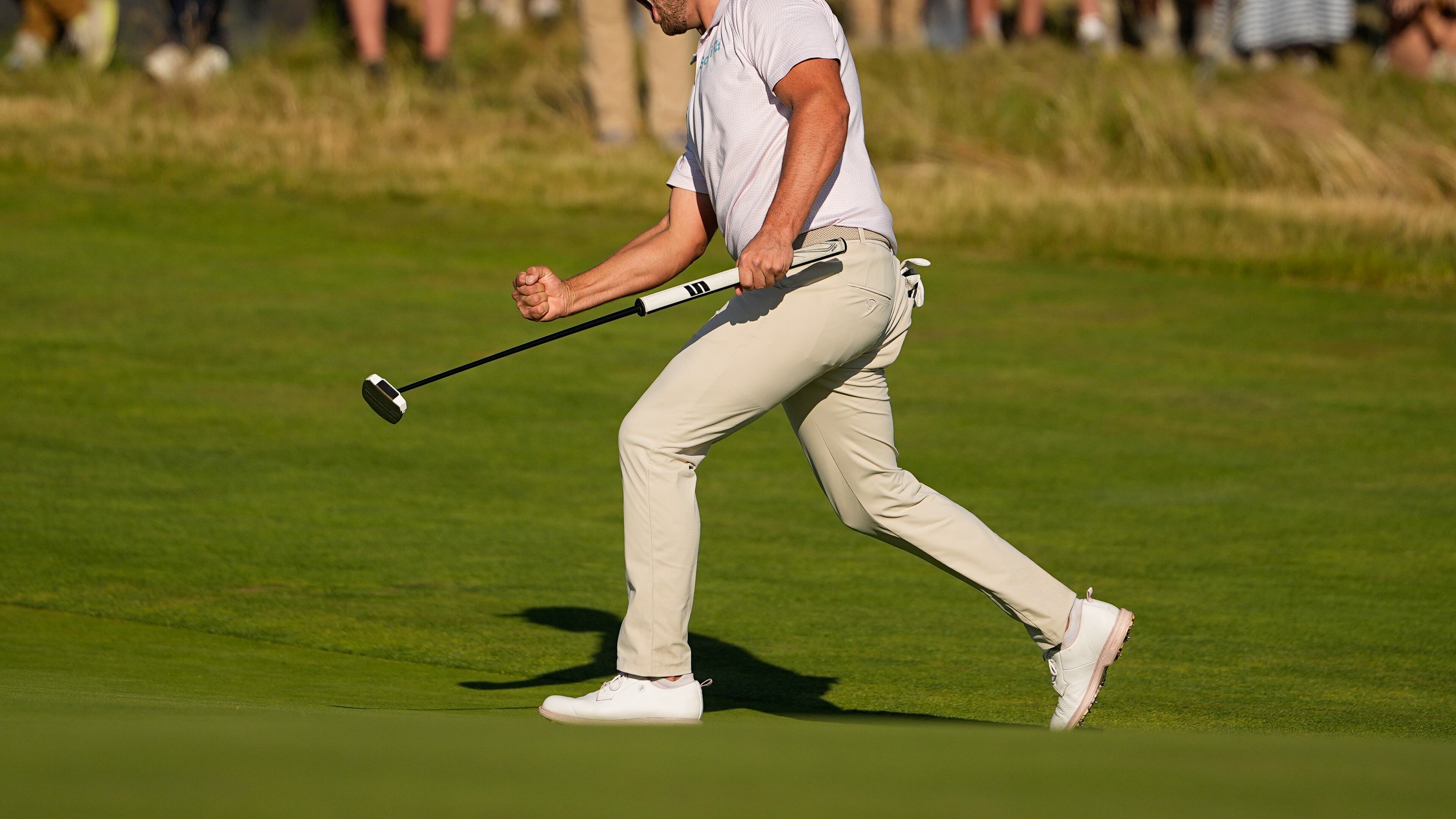 Wyndham Clark celebrates after a birdie on the 16th hole during the final round of the U.S. Open golf tournament at Shinnecock Hills Golf Club in Southampton, N.Y., Sunday, June 21, 2026. (AP Photo/Gerald Herbert)