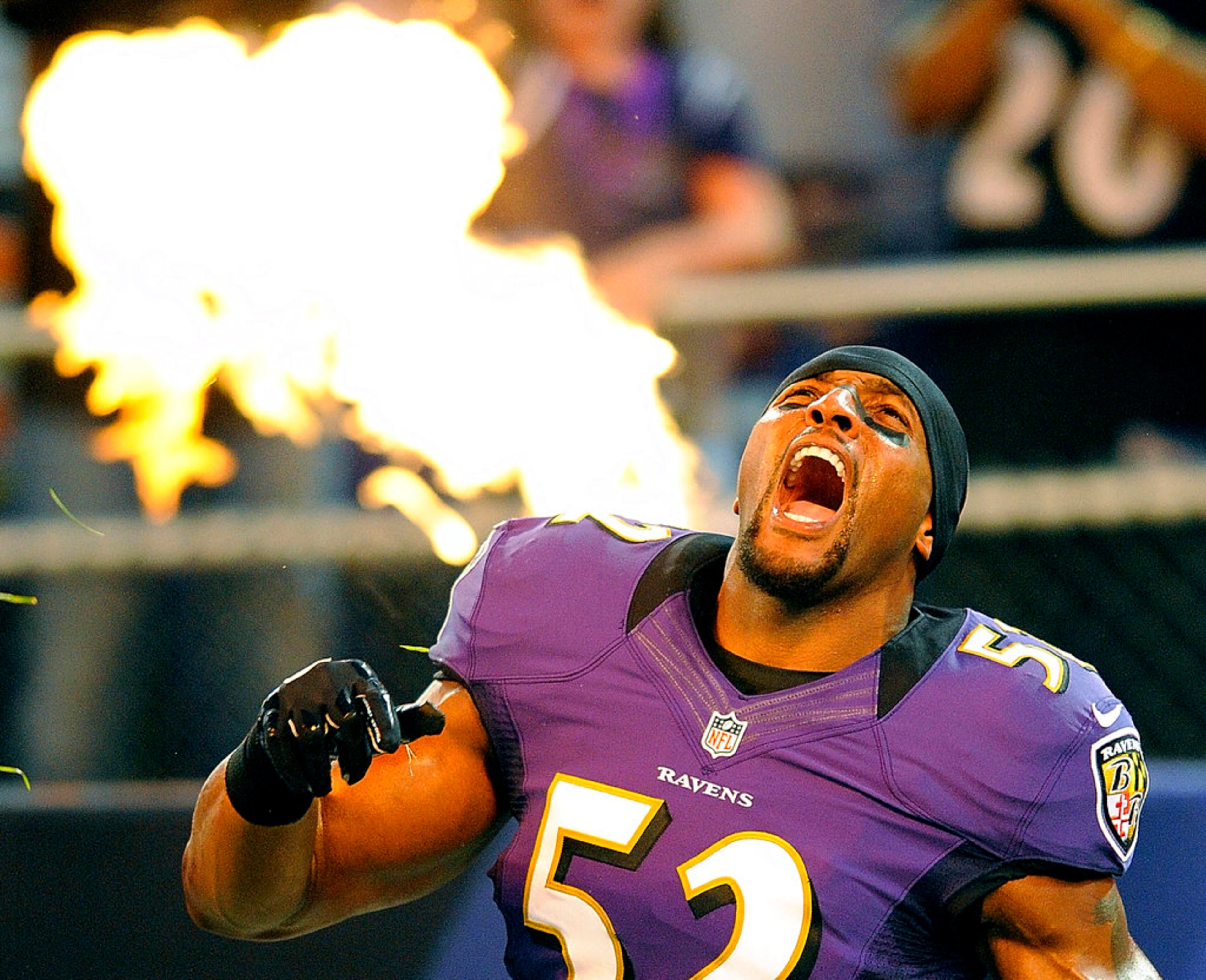 FILE - In this Aug. 17, 2012, file photo, Baltimore Ravens linebacker Ray Lewis reacts as he is introduced before an NFL preseason football game against the Detroit Lions in Baltimore. Lewis was elected to the Pro Football Hall of Fame on Saturday, Feb. 3, 2018. (AP Photo/Nick Wass, File)