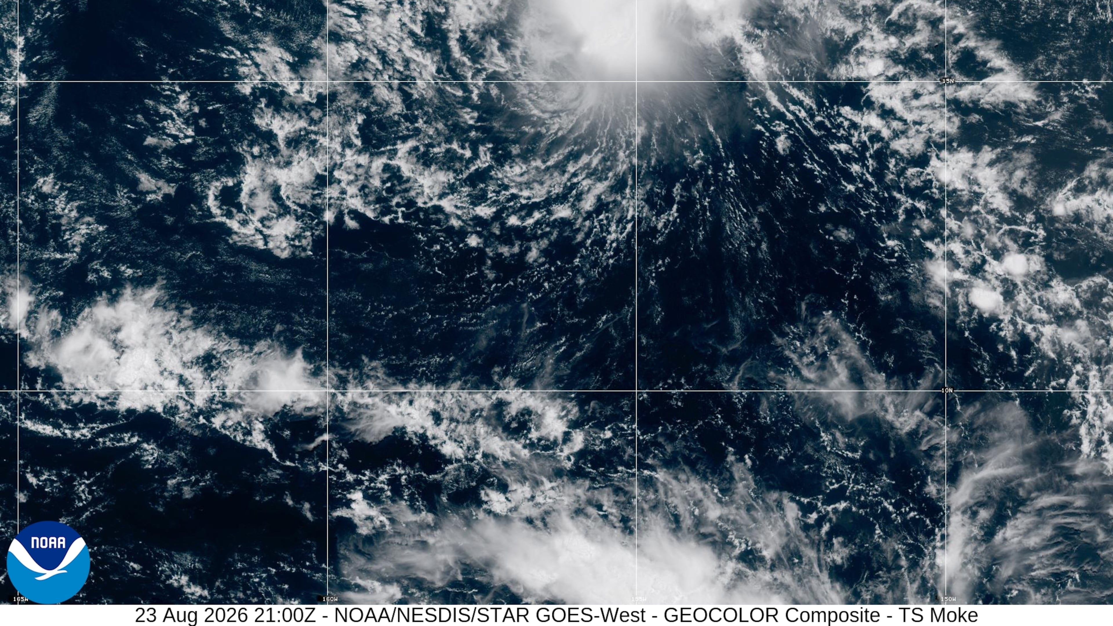 This satellite image provided by NOAA shows Tropical Storm Moke at 5 p.m. ET on Sunday, Aug. 23, 2026, near Hawaii. (NOAA via AP)
