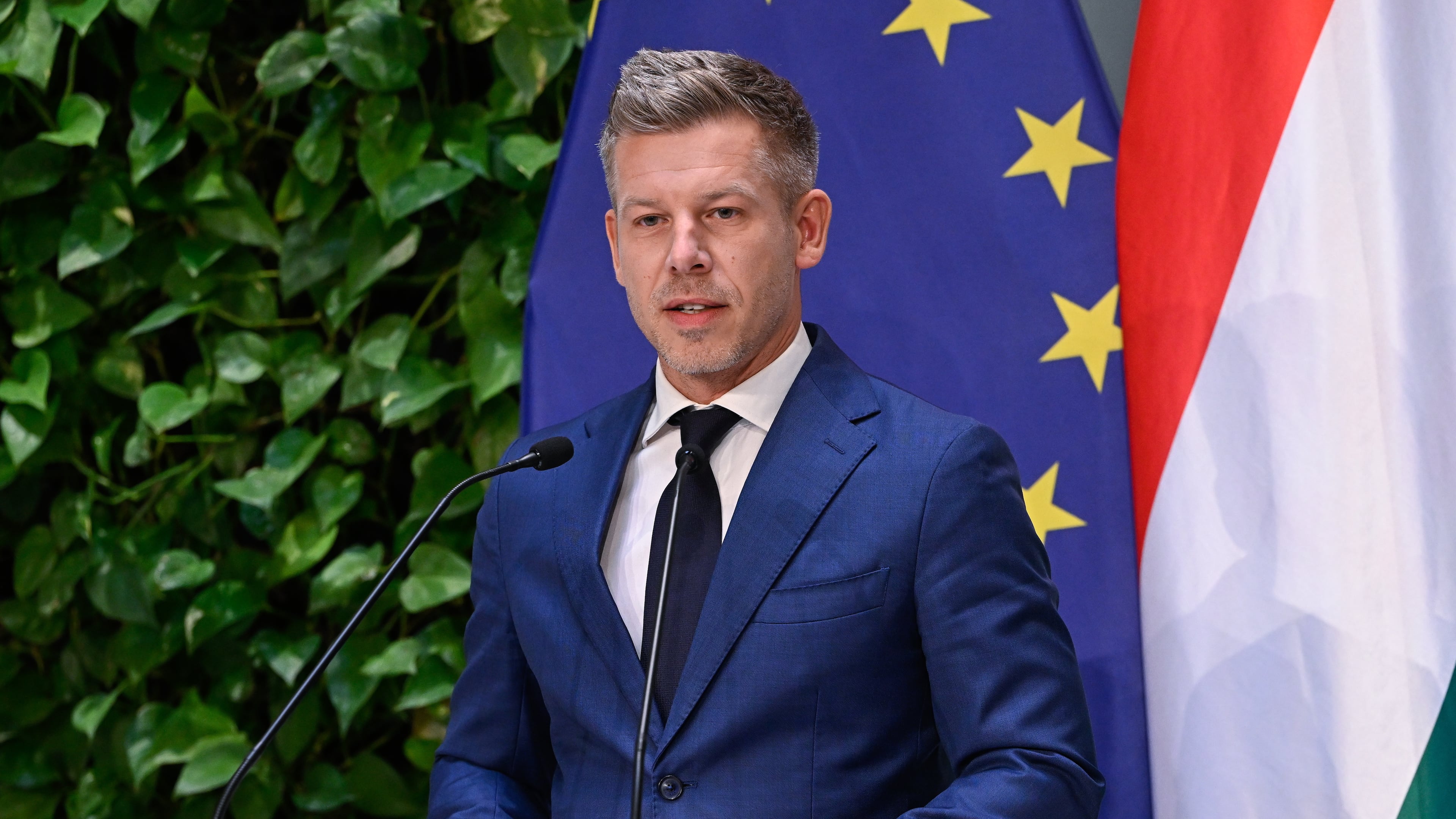 Hungarian Prime Minister Peter Magyar speaks during a press conference following the meeting of the government in Budapest, Hungary, Monday, May 18, 2026. (Robert Hegedus/MTI via AP)