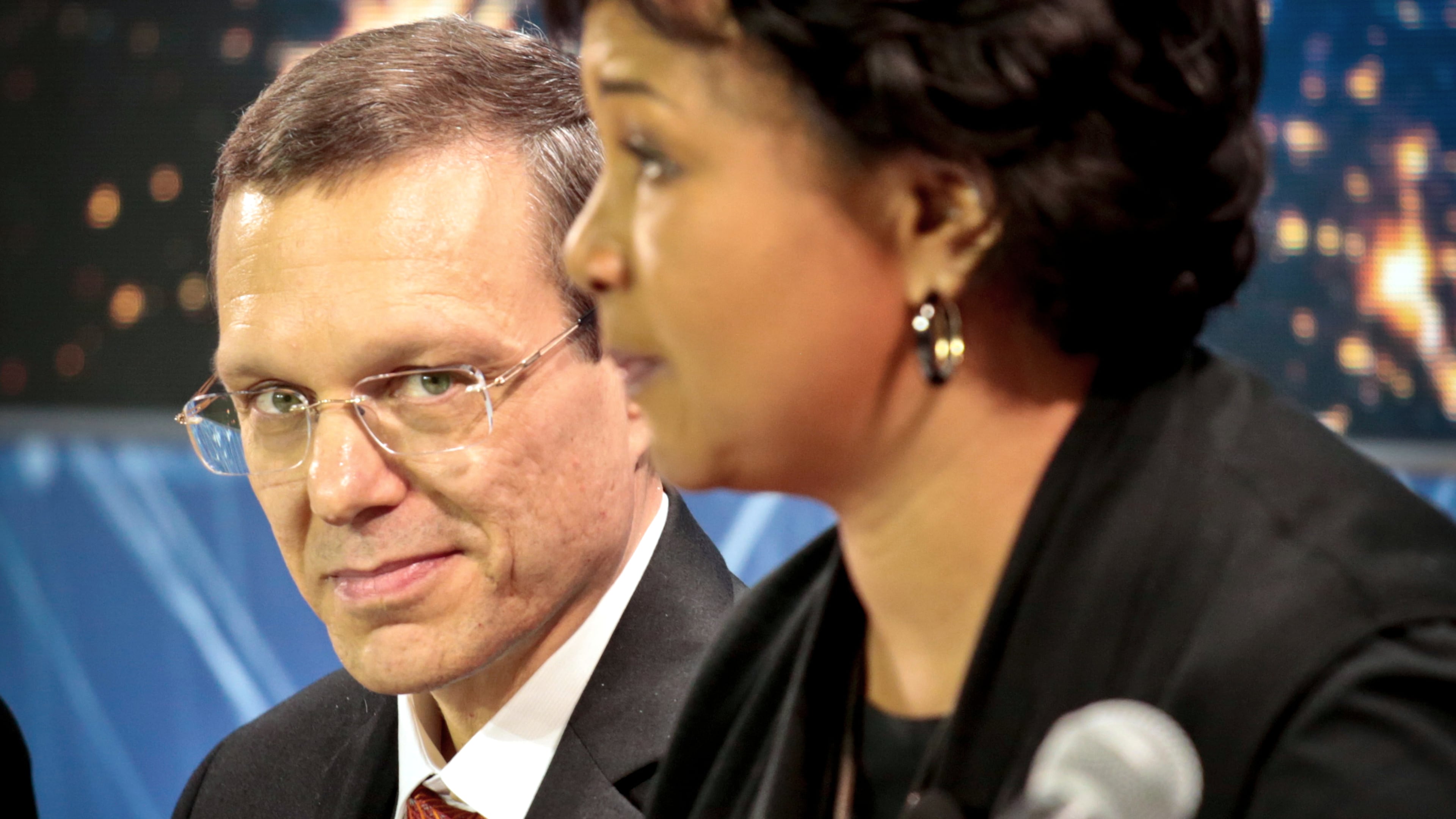 FILE - Harvard physicist Avi Loeb, left, listens as former NASA astronaut Dr. Mae C. Jemison speaks during a press conference, April 12, 2016, in New York. (AP Photo/Bebeto Matthews, File)