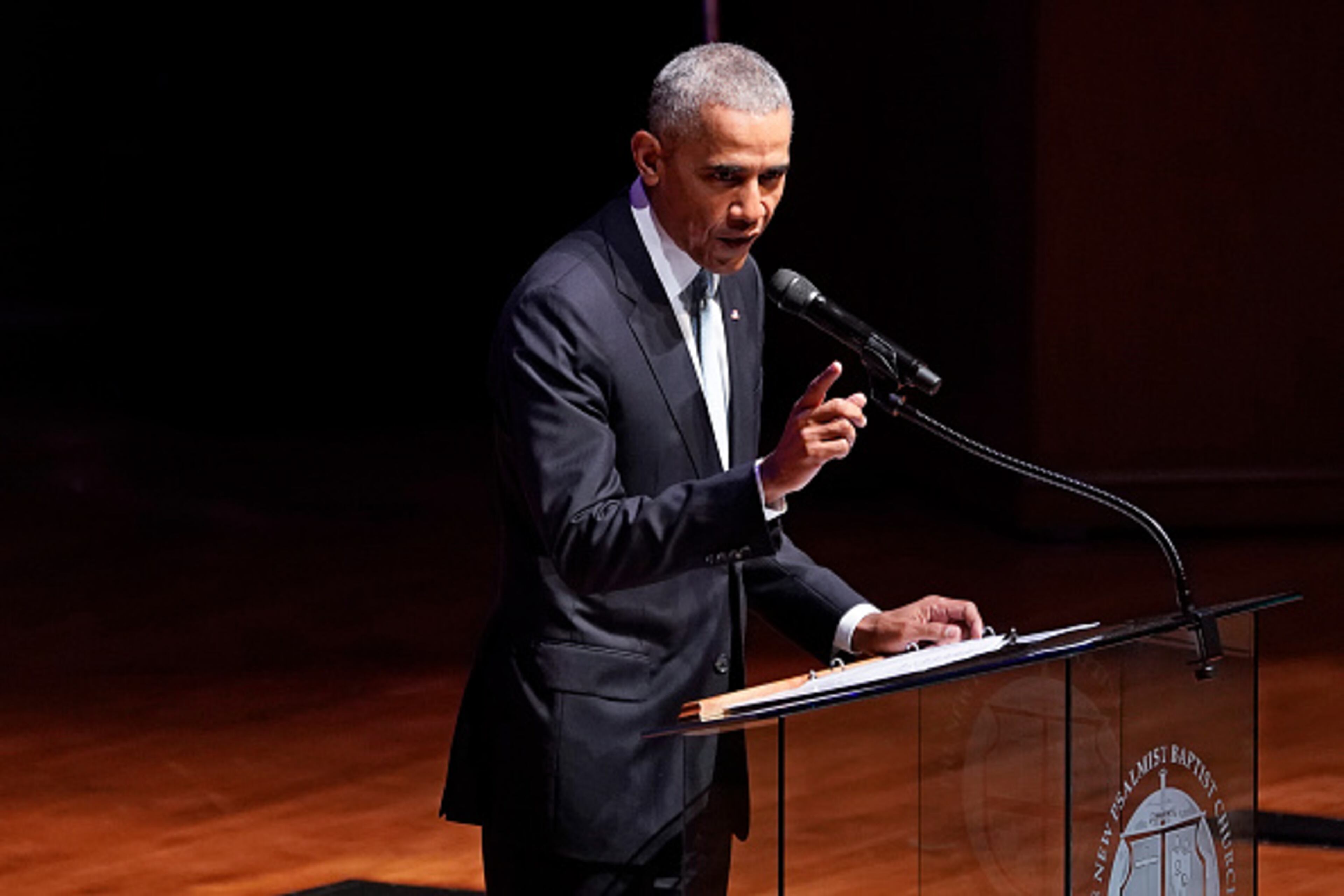 BALTIMORE, MD - OCTOBER 25: Former U.S. President Barack Obama speaks during funeral services for late U.S. Rep. Elijah Cummings (D-MD) at the New Psalmist Baptist Church October 25, 2019 in Baltimore, Maryland. A sharecropperâs son who rose to become a civil rights champion and the chairman of the powerful House Oversight and Government Reform Committee, Cummings died last week of complications from longstanding health problems at the age of 68. (Photo by Joshua Roberts-Pool/Getty Images)