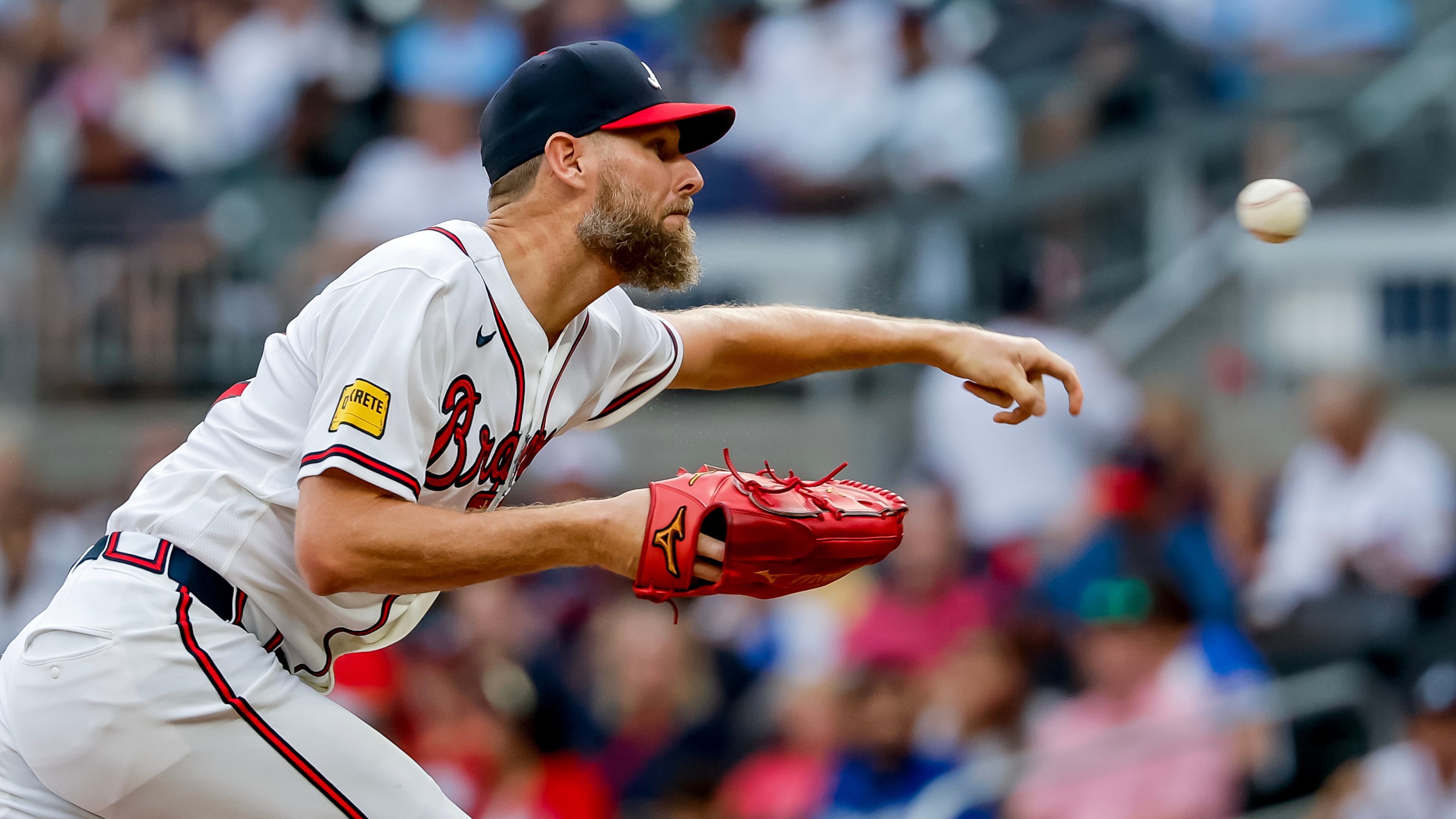Atlanta Braves pitcher Chris Sale delivers to a Los Angeles Dodgers batter during the first inning of a baseball game, Thursday, Aug. 27, 2026, in Atlanta. (AP Photo/Erik S. Lesser)