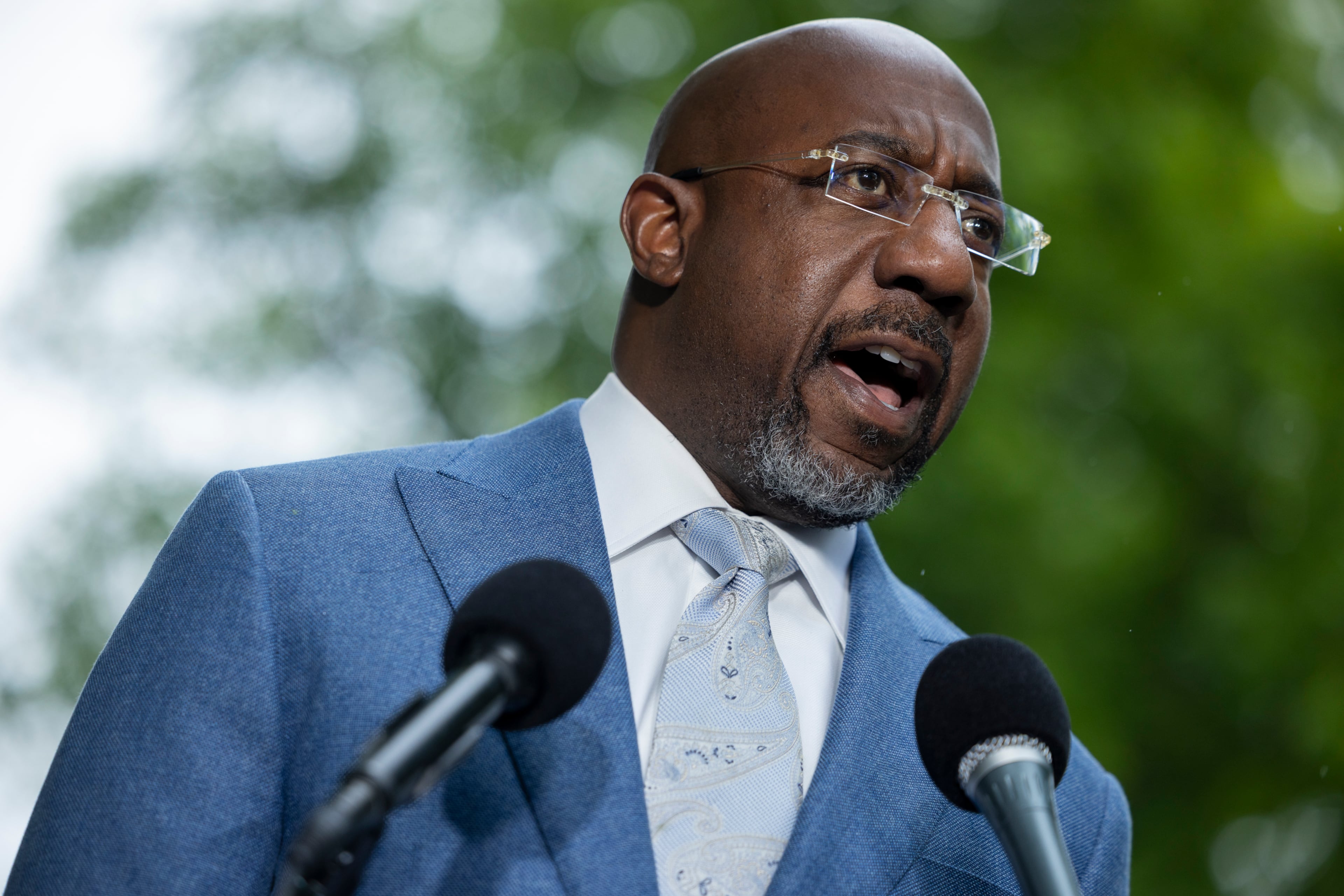 U.S. Sen. Raphael Warnock, D-Ga., speaks at a news conference on the Voting Rights Act last week. (Nathan Posner for the AJC)