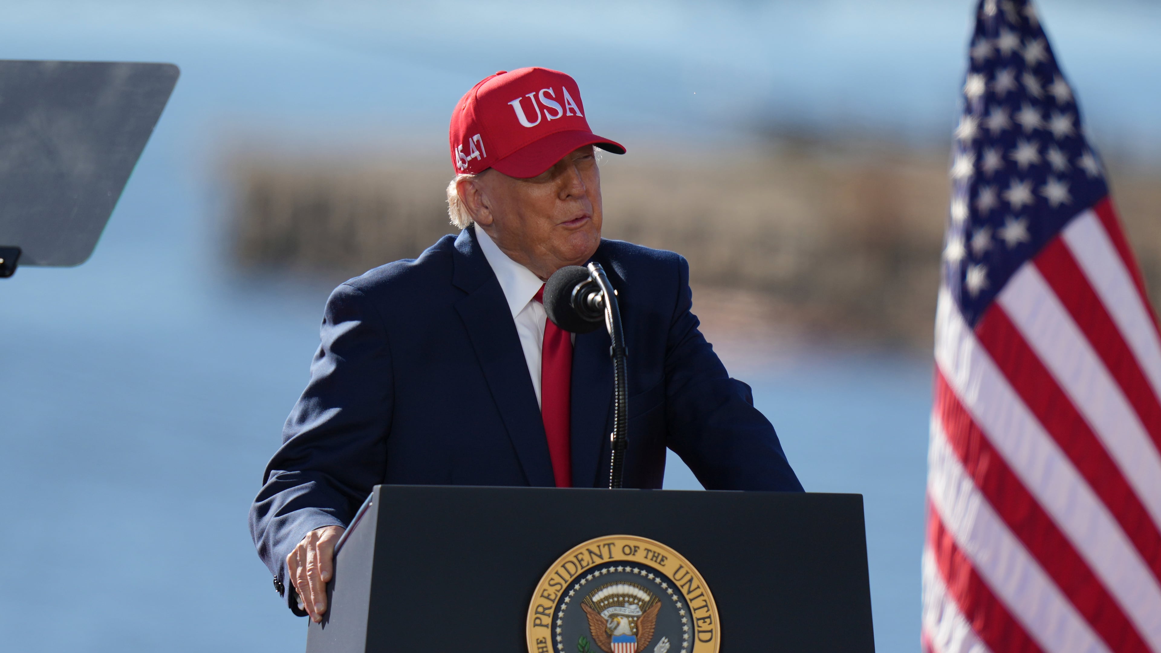 President Donald Trump speaks at an event for Anduril Industries, Inc., at Sparrows Point Shipyard, Tuesday, Oct. 6, 2026, in Sparrows Point, Md. (AP Photo/Stephanie Scarbrough)