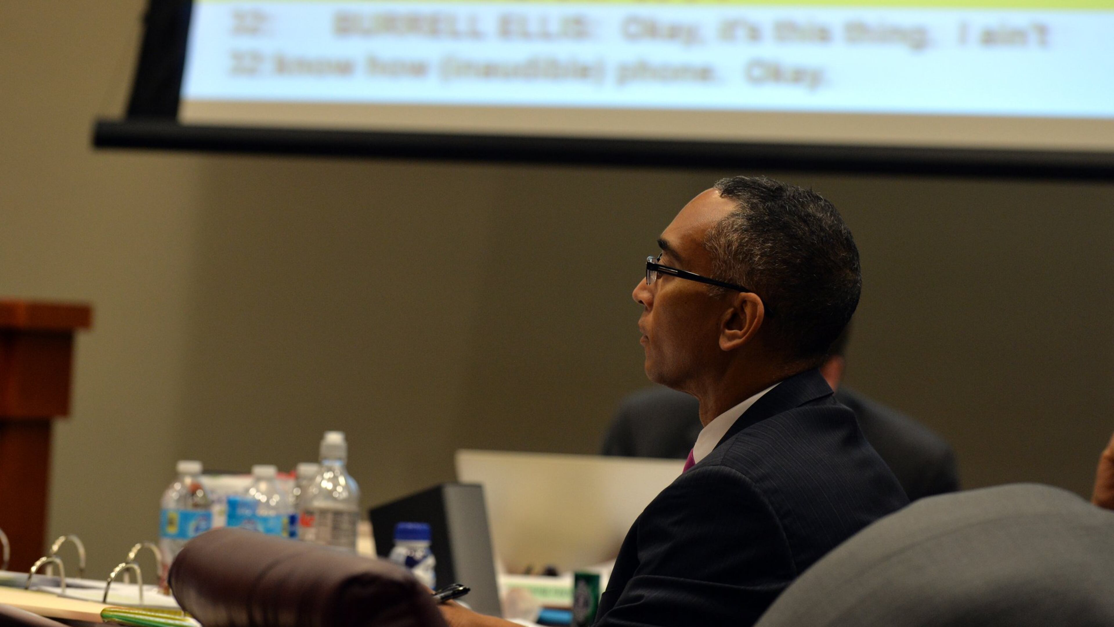 Suspended DeKalb County CEO Burrell Ellis hears an audio recording between himself and DeKalb County Purchasing Director Kevin Walton in court Wednesday. (BRANT SANDERLIN / BSANDERLIN@AJC.COM)