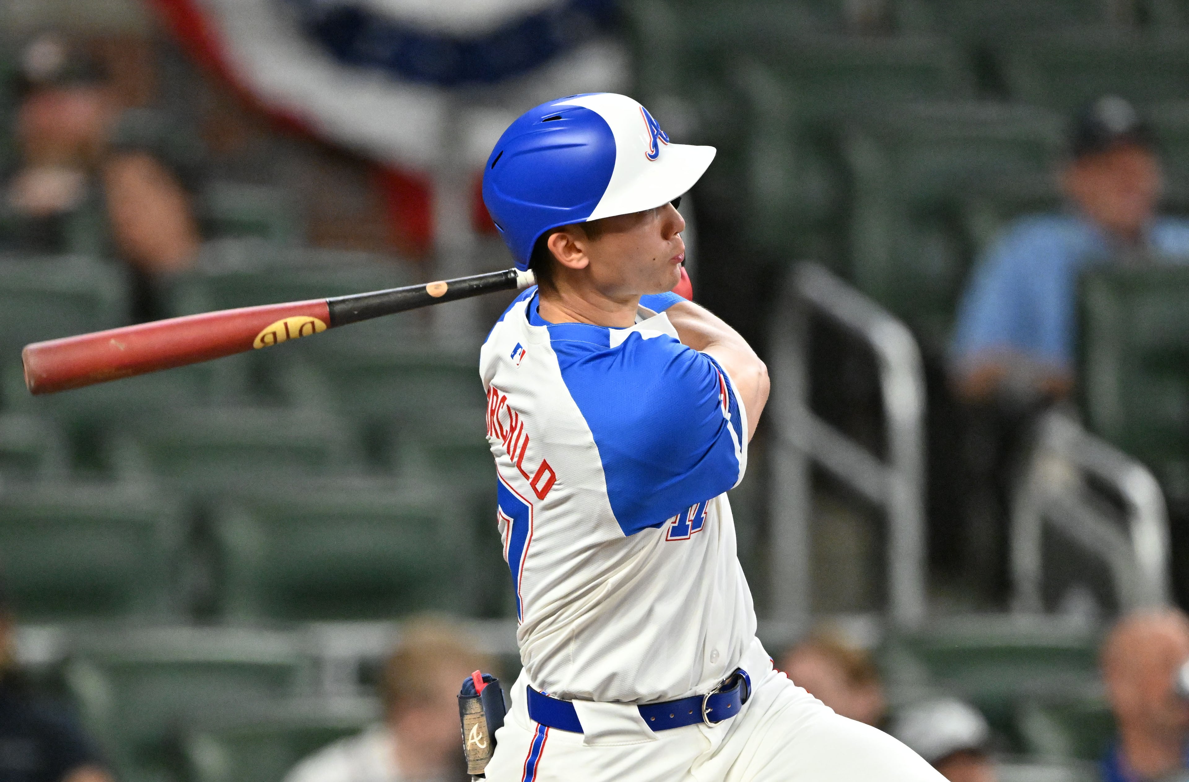 Atlanta Braves outfielder Stuart Fairchild (17) hits a triple during the eighth inning of a baseball game at Truist Park, Saturday, April 5, 2025, in Atlanta. The Miami Marlins won 4-0 over the Atlanta Braves. (Hyosub Shin / AJC)