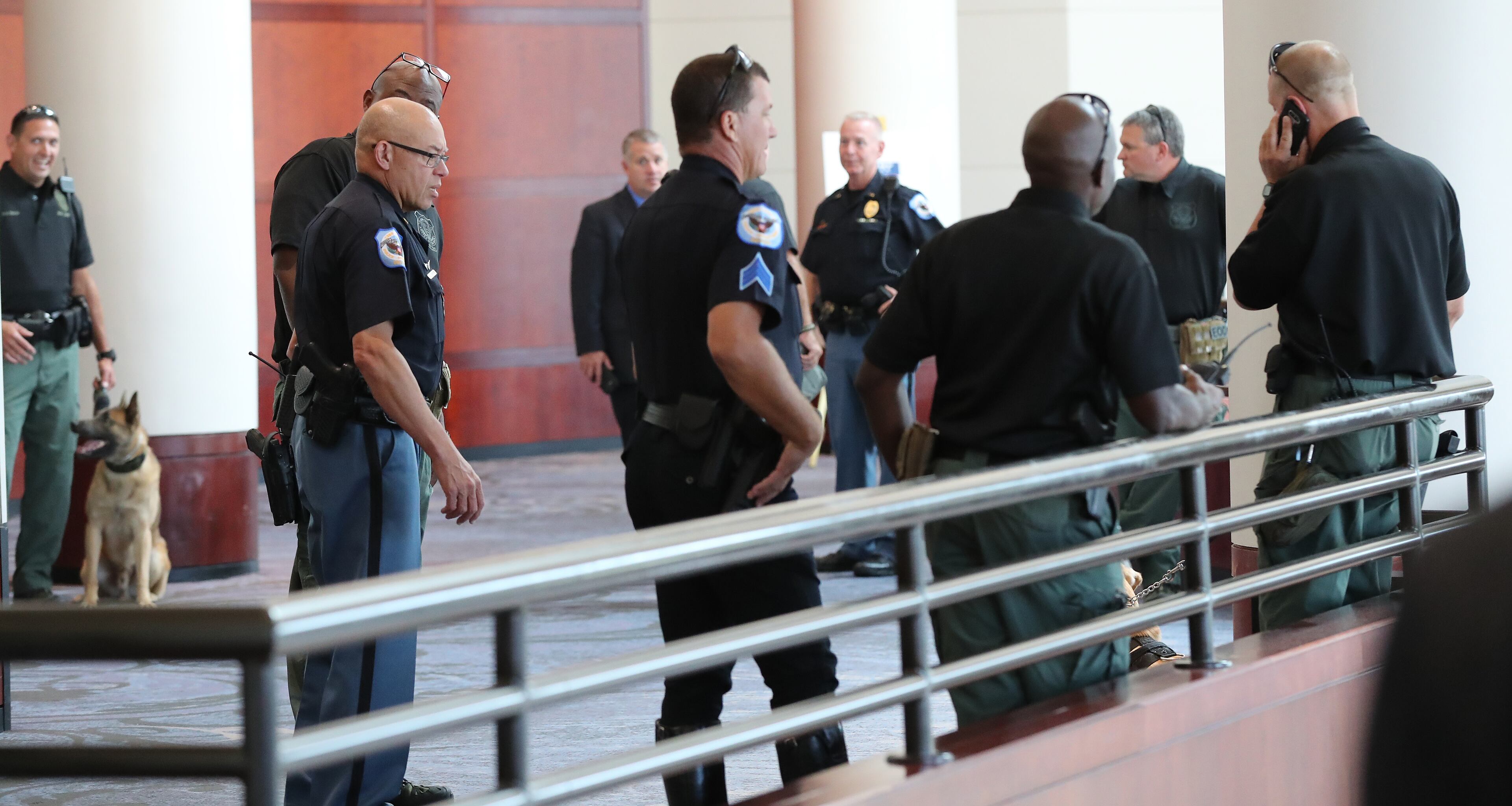 Law enforcement officials perform a security sweep for Republican Vice Presidential nominee and Indiana Gov. Mike Pence's campaign stop at the Cobb-Marietta Coliseum & Exhibit Hall Authority on Monday, August 29, 2016, in Marietta. Curtis Compton /ccompton@ajc.com