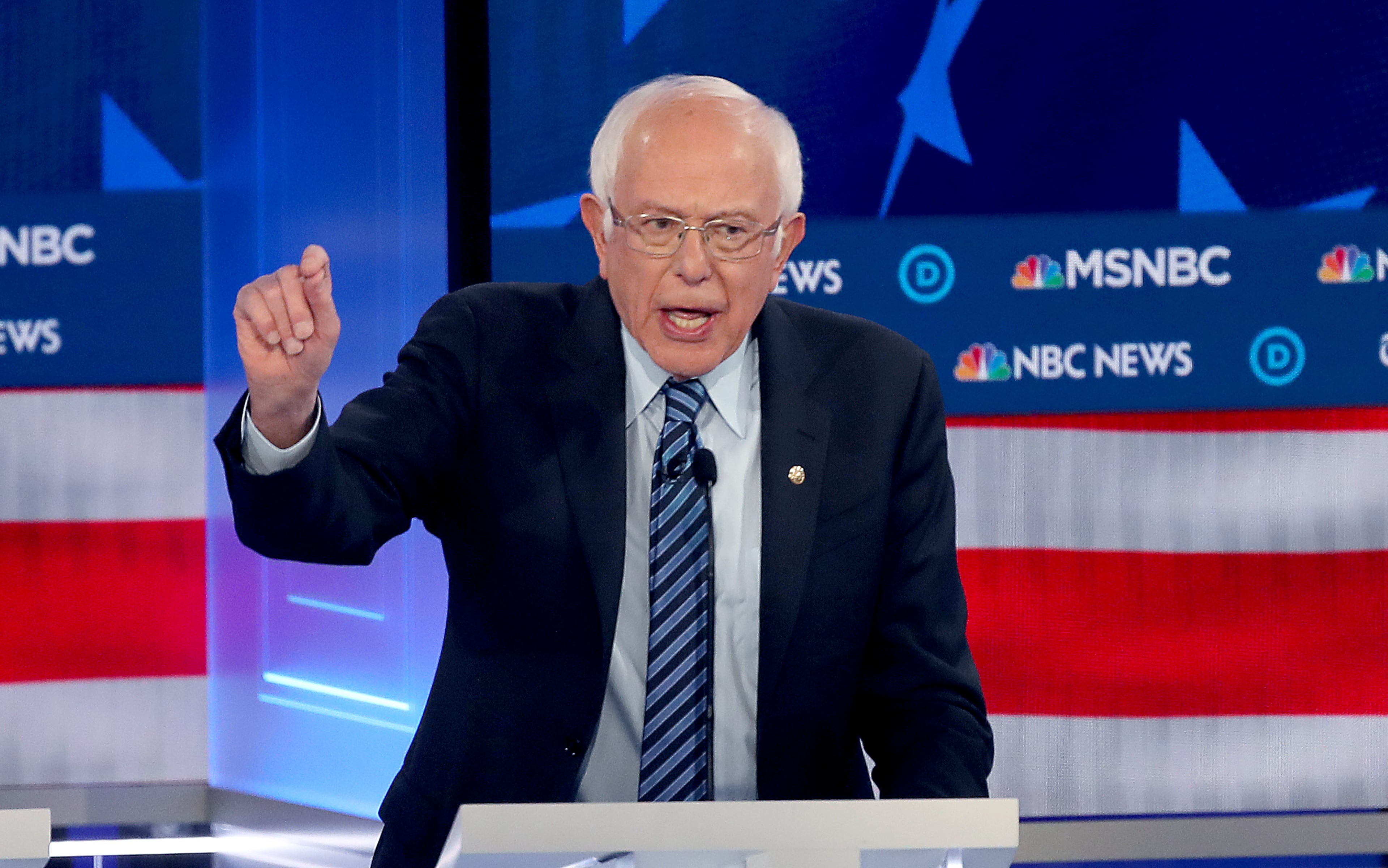 11/20/2019 -- Atlanta, Georgia -- Senator Bernie Sanders states his case, during the MSNBC/The Washington Post Democratic Presidential debate inside the Oprah Winfrey Soundstage at Tyler Perry Studios, Monday, November 20, 2019. (Alyssa Pointer/Atlanta Journal Constitution)