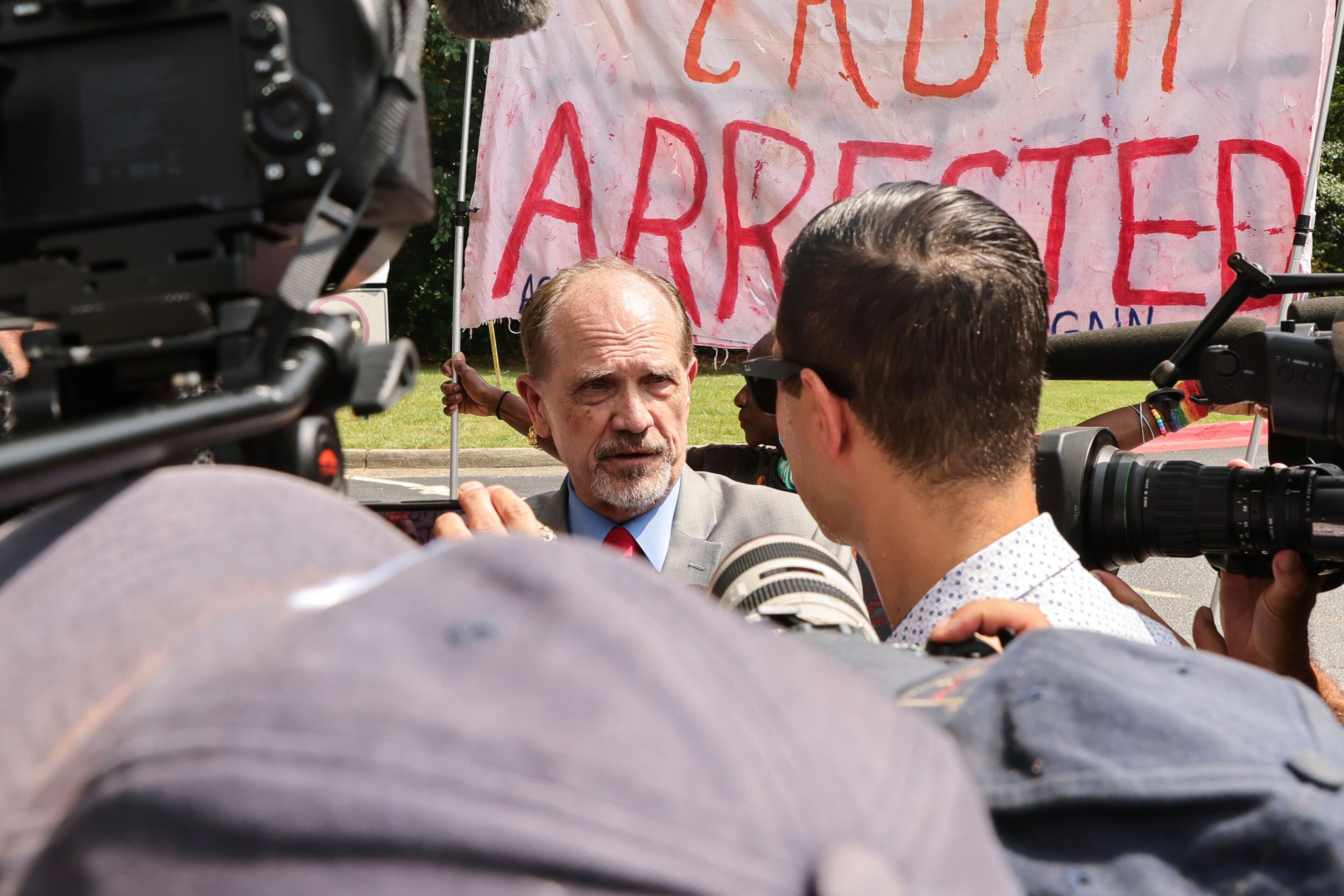 David Shestokas, the attorney for Stephen Lee speaks to the media following his client's surrender at Fulton County Jail on Friday, Aug. 25, 2023. Lee was one of 18 defendants along with former President Donald Trump to surrender after being indicted on charges related to attempts to overturn 2020 presidential election results. (Natrice Miller/The Atlanta Journal-Constitution/TNS)