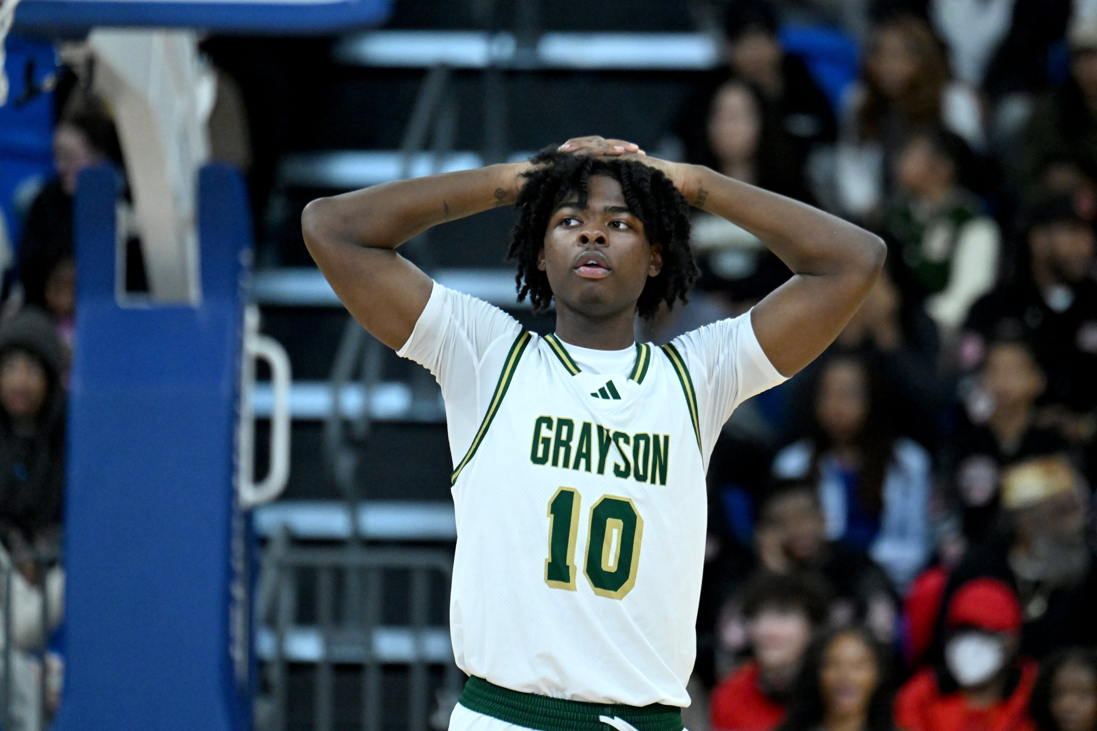 Grayson's Kj Garris (10) reacts during the second half of the GHSA Class 6A Boys State Basketball playoffs game at the Georgia State Convocation Center, Saturday, March 1, 2025, in Atlanta. Wheeler won 68-53 over Grayson. (Hyosub Shin / AJC)