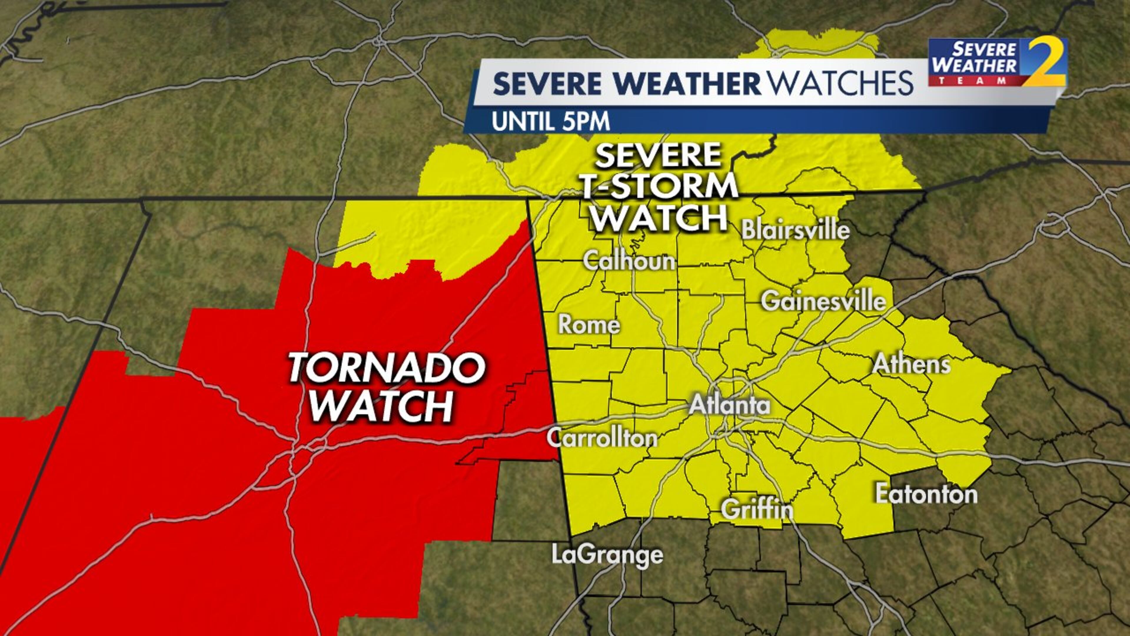 A severe thunderstorm watch has been issued for all of North Georgia until 5 p.m.