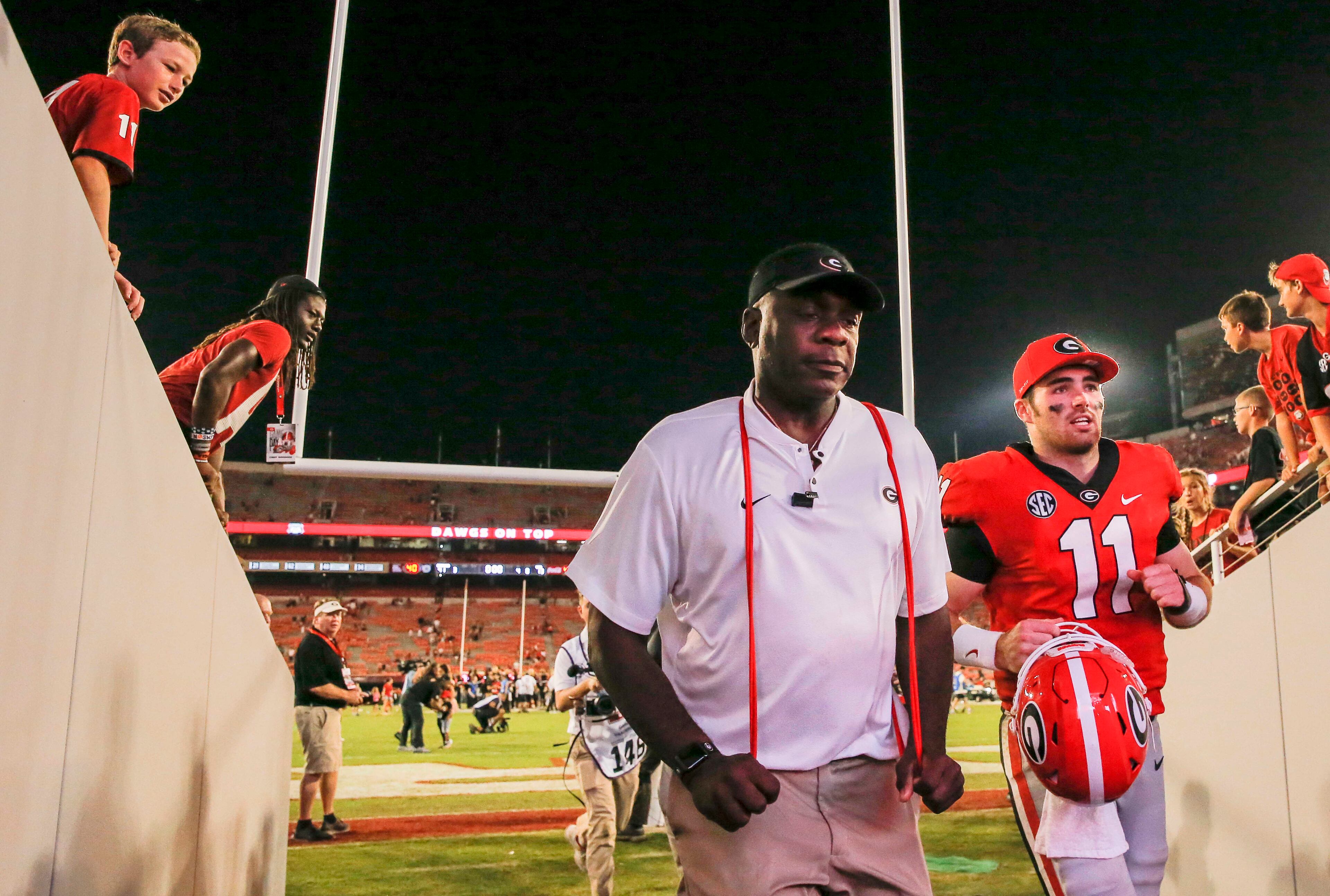 10/06/2018 -- Athens, Georgia -- Georgia quarterback Jake Fromm (11) prepares to enter the Georgia locker room following a game against Vanderbilt at Sanford Stadium in Athens, Saturday, October 6, 2018. The Bulldogs beat Vanderbilt 41-13. (ALYSSA POINTER/ALYSSA.POINTER@AJC.COM)