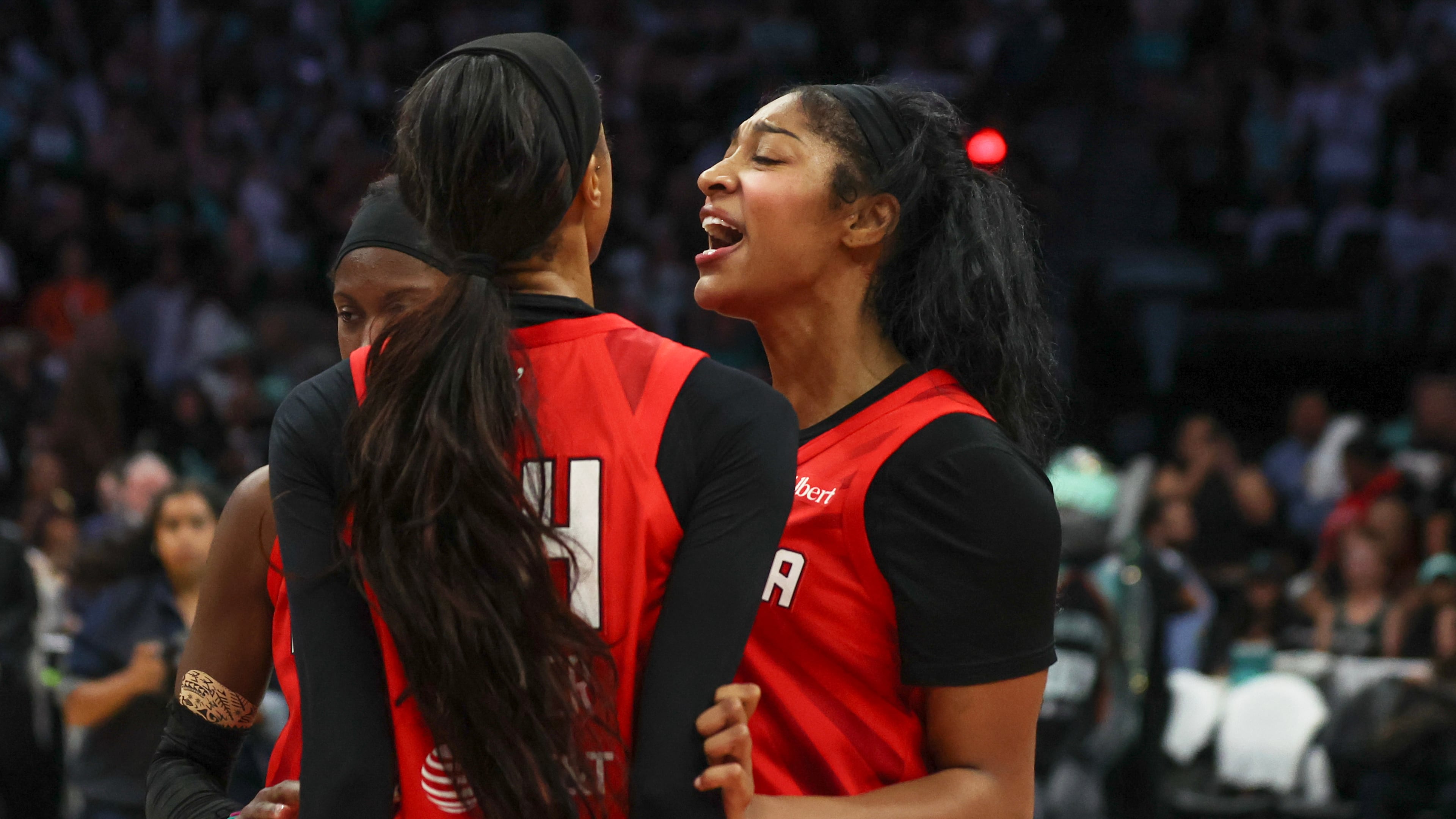 Dream forward Angel Reese (right) celebrates with DeWanna Bonner after defeating the Liberty during Game 3 of the WNBA semifinals on Friday, Oct. 9, 2026, in New York. Just like the previous two rounds, the Dream will approach this series one game at a time. (Heather Khalifa/AP)