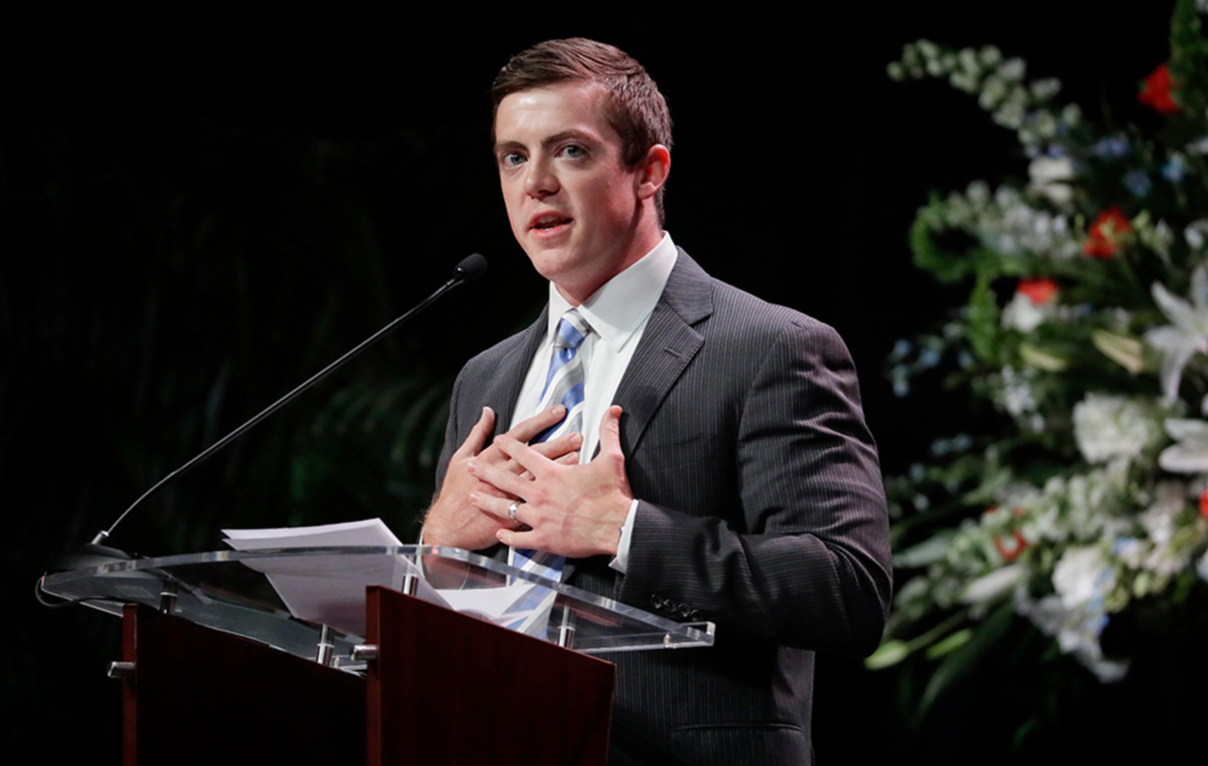 Tyler Summitt, son of former Tennessee women's basketball coach Pat Summitt, speaks during a ceremony to celebrate the life of his mother Thursday, July 14, 2016, in Knoxville, Tenn. Pat Summitt died June 28 at the age of 64.