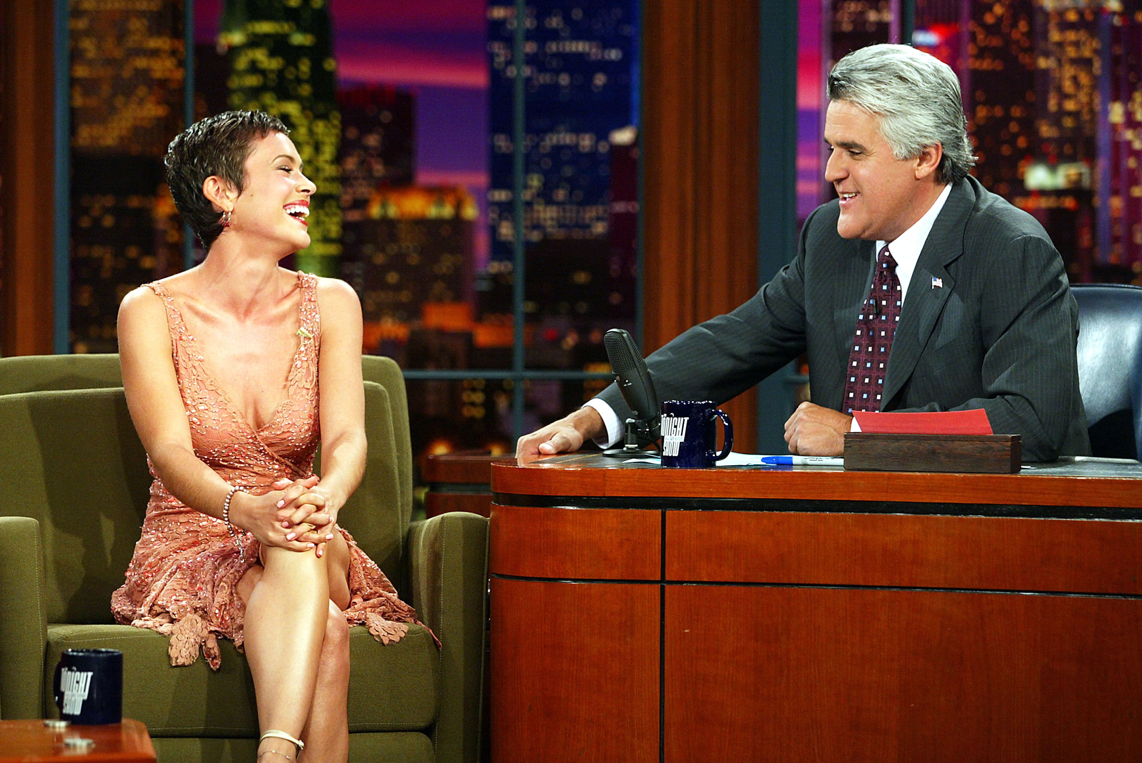Actress Alyssa Milano appears on "The Tonight Show with Jay Leno" at the NBC Studios on September 3, 2003 in Burbank, California. (Photo by Kevin Winter/Getty Images)