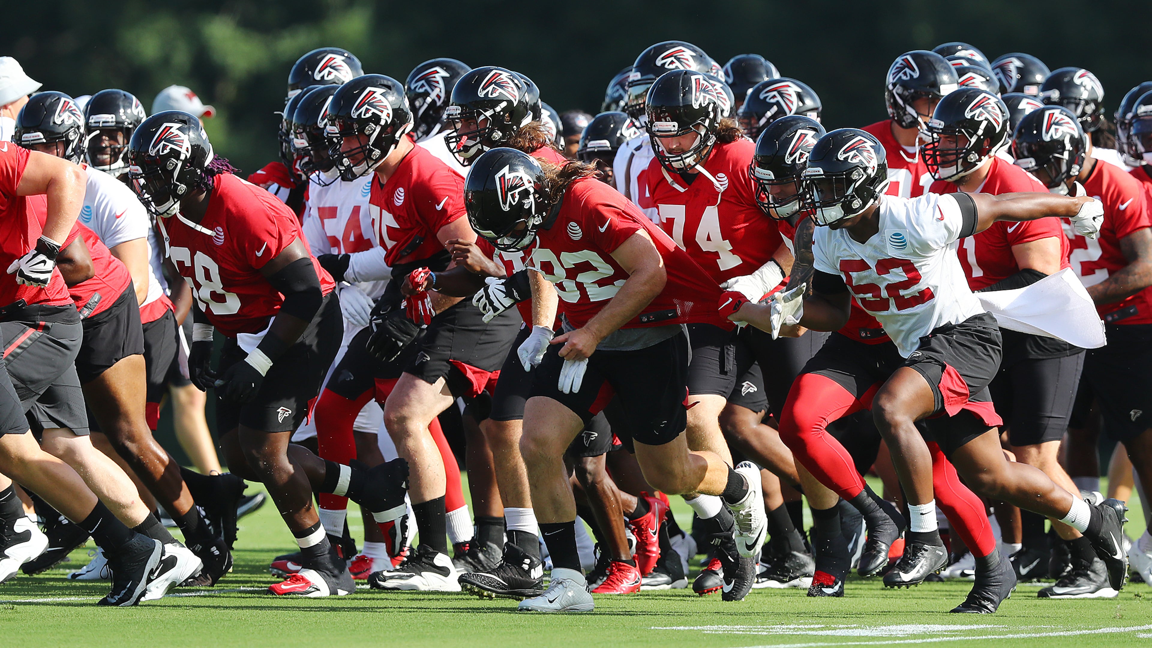 The Falcons are off and running, taking the field for the first practice of training camp Monday, July 22, 2019, in Flowery Branch.