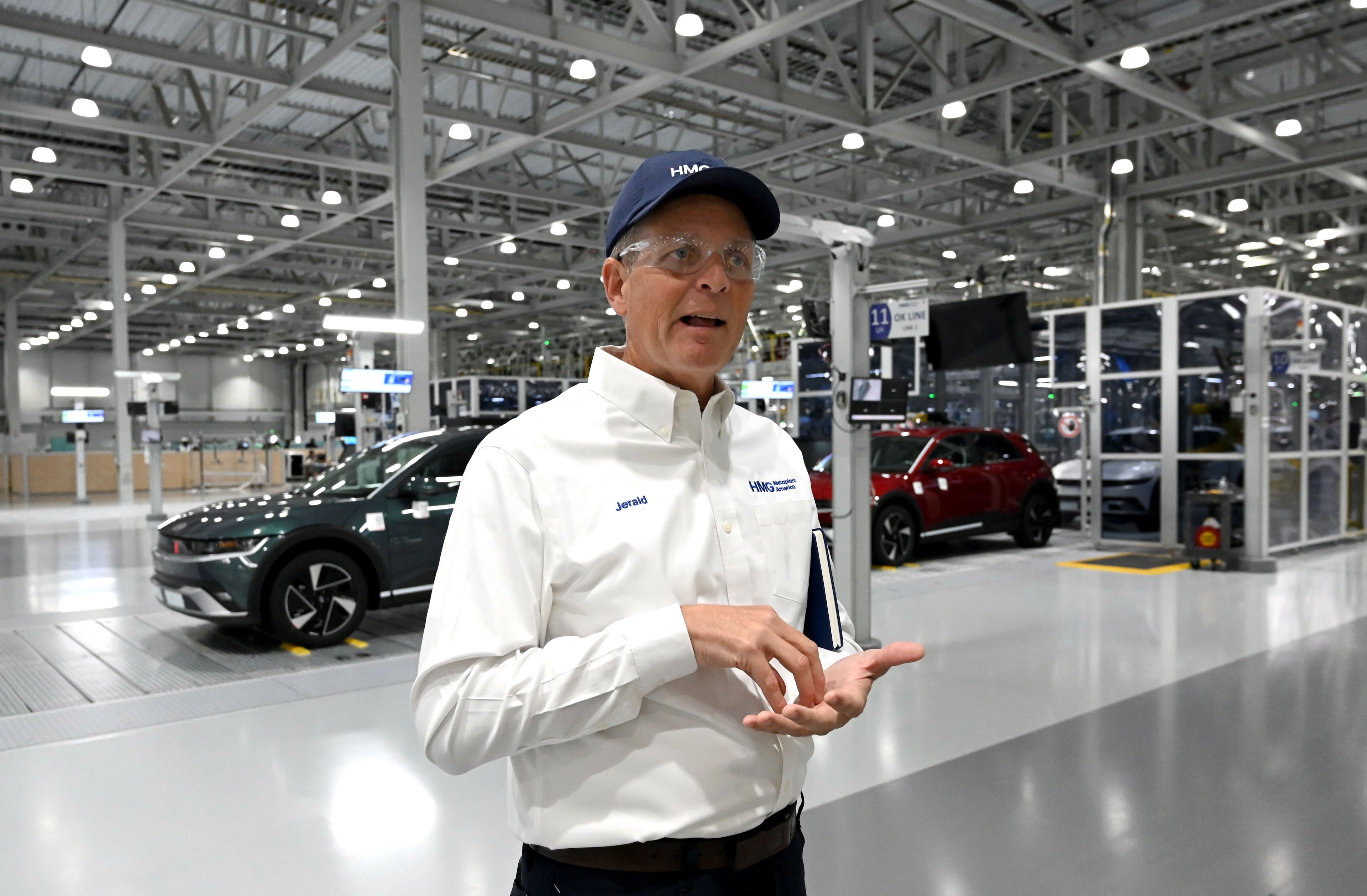 Jerald Roach, a top general assembly executive at the Metaplant, speaks as he leads a tour of the assembly line at Hyundai Motor Group Metaplant America (HMGMA) on Wednesday, May 6, 2026, in Ellabell, Georgia. Hyundai Metaplant behind-scenes-tour as the plant prepares to start a second shift and a second production line. Plant tour and interview with top plant officials. (Hyosub Shin/AJC)