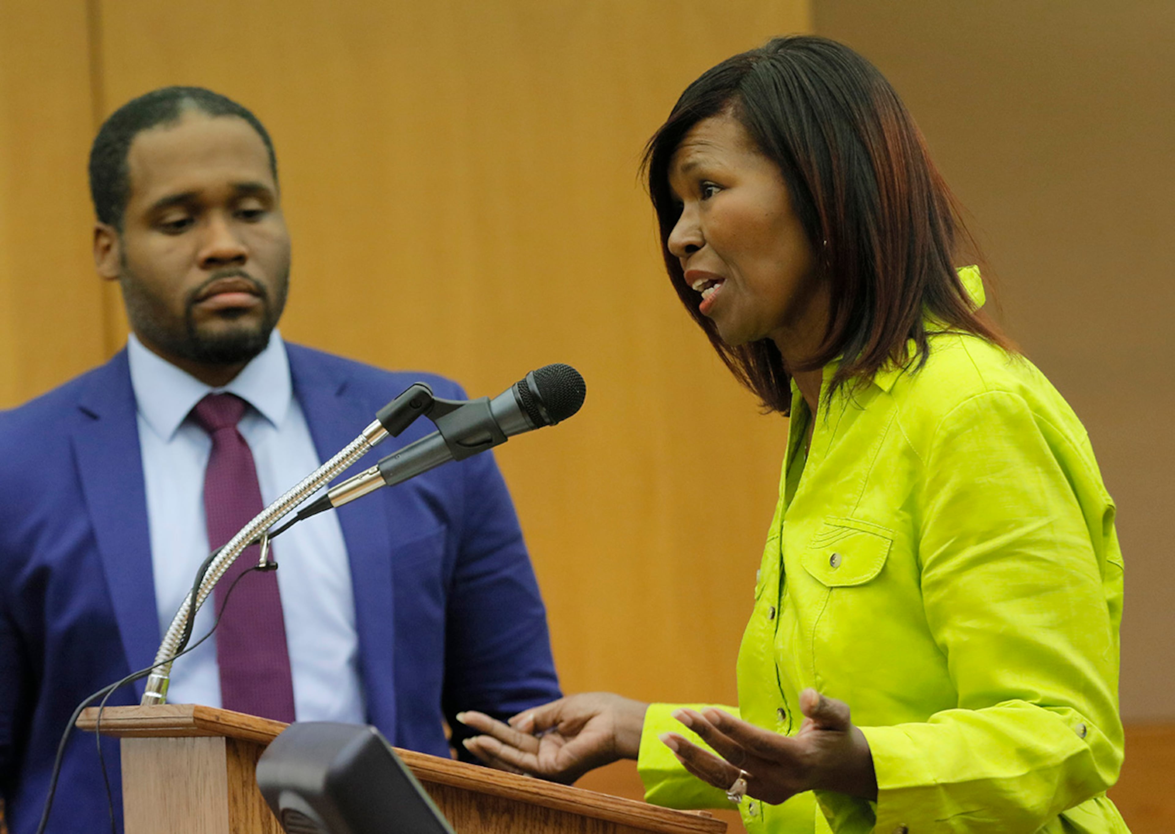 Vonda Benton, the mother of Nicholas Benton, addresses the judge during the sentencing hearing for Nicholas, convicted of murder in Fulton County Superior Court, as defense attorney Gerald Griggs stands to the left. (BOB ANDRES /BANDRES@AJC.COM)