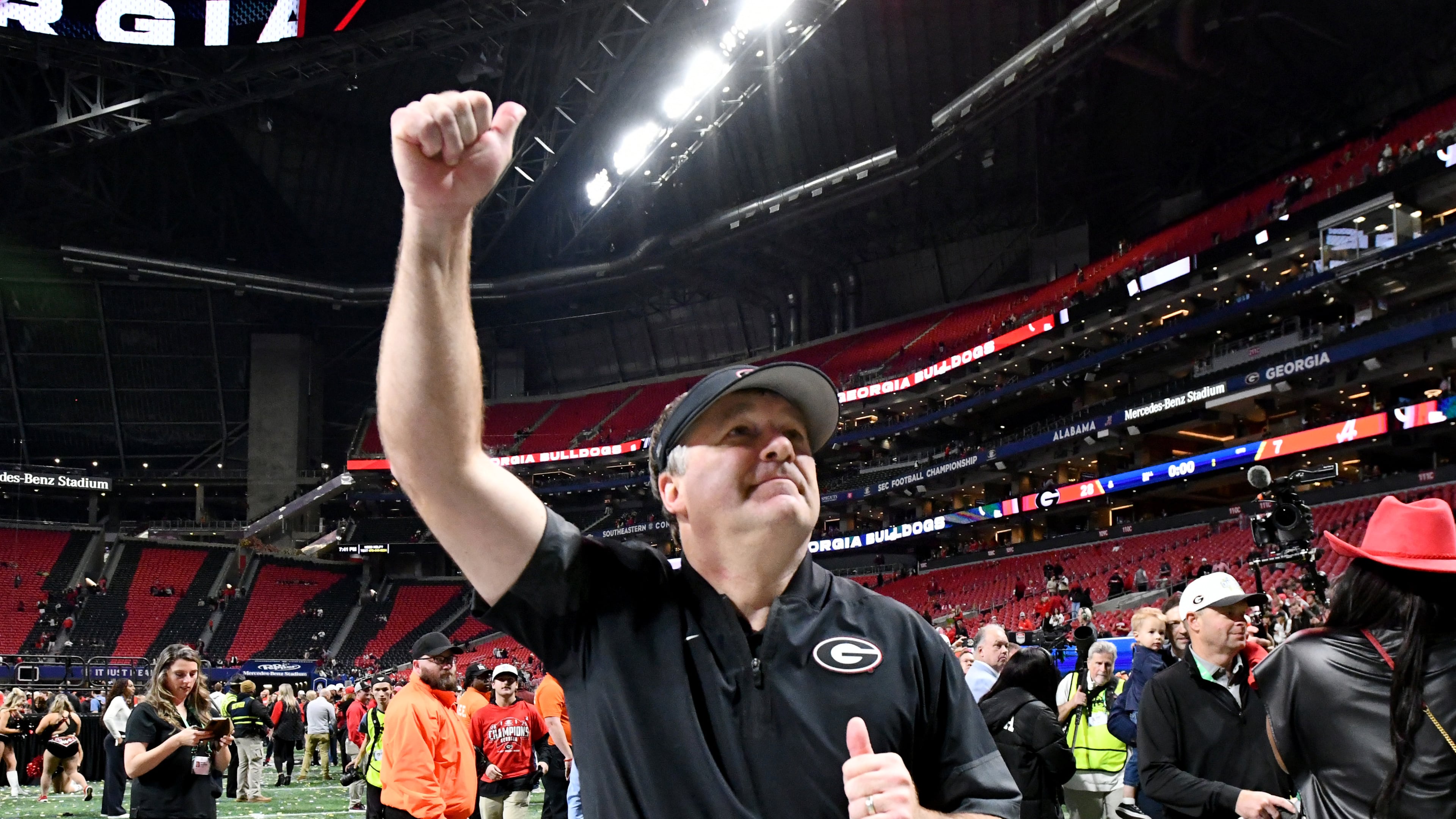 Georgia head coach Kirby Smart celebrates after defeating Alabama during the SEC championship game at Mercedes-Benz Stadium on Saturday, Dec. 6, 2025, in Atlanta. After two decommitments over the last week, the 2027 class in Athens had fallen to No. 31 nationally for the 247Sports Team Composite rankings. (Hyosub Shin/AJC)
