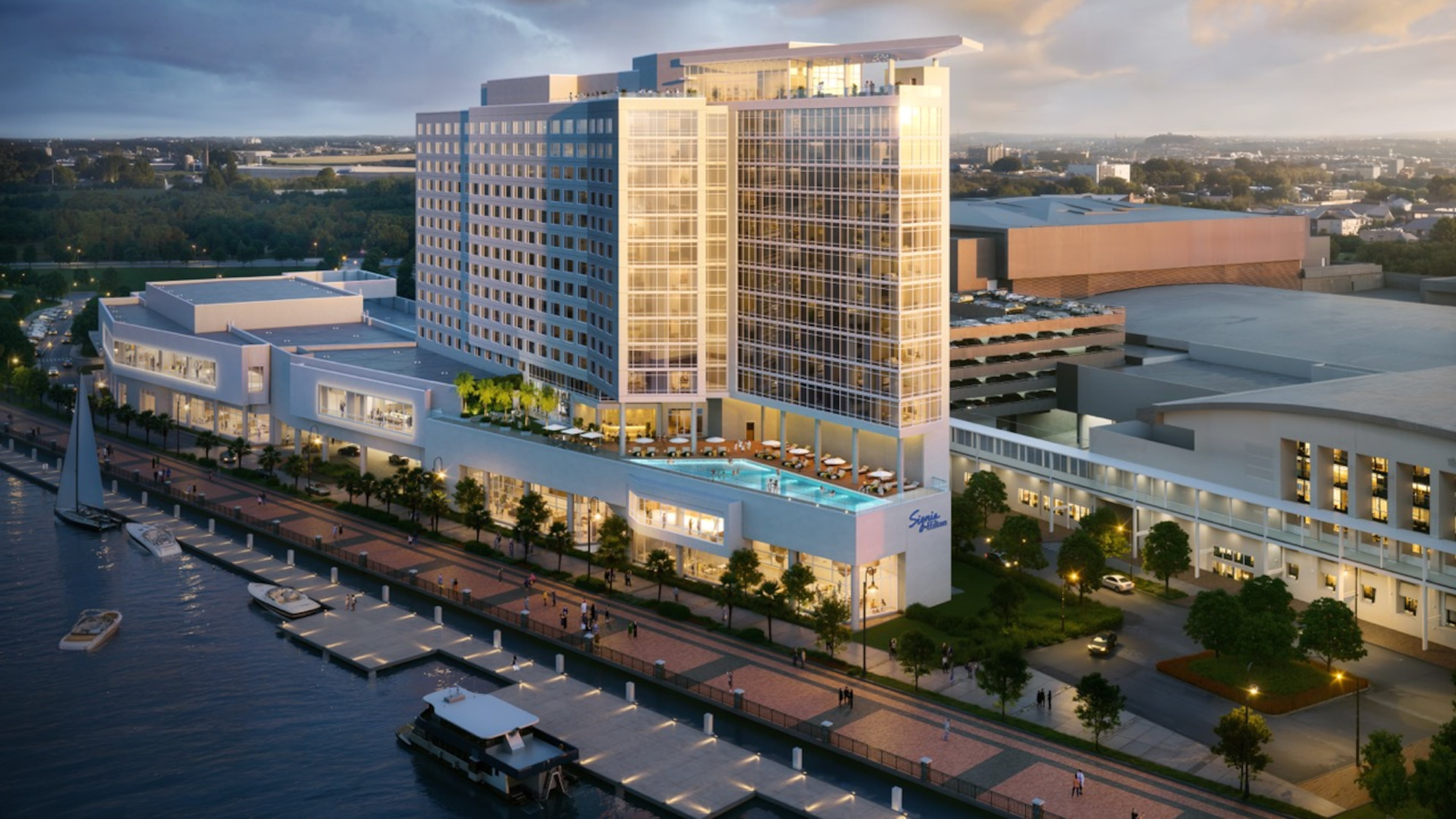 Rendering of the Signia Hilton Savannah, a 444-room hotel now under construction adjacent to the Savannah Convention Center. (Rendering courtesy of Savannah Convention Center)