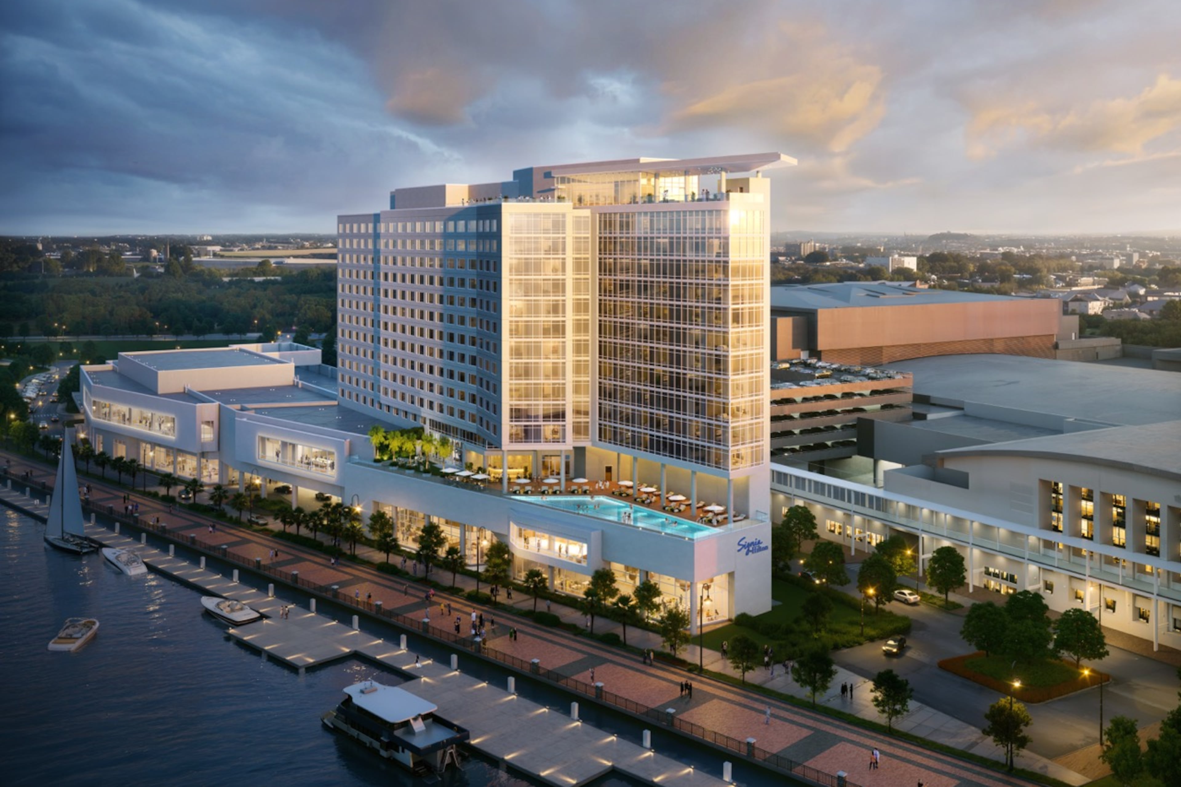 Rendering of the Signia Hilton Savannah, a 444-room hotel now under construction adjacent to the Savannah Convention Center. (Rendering courtesy of Savannah Convention Center)