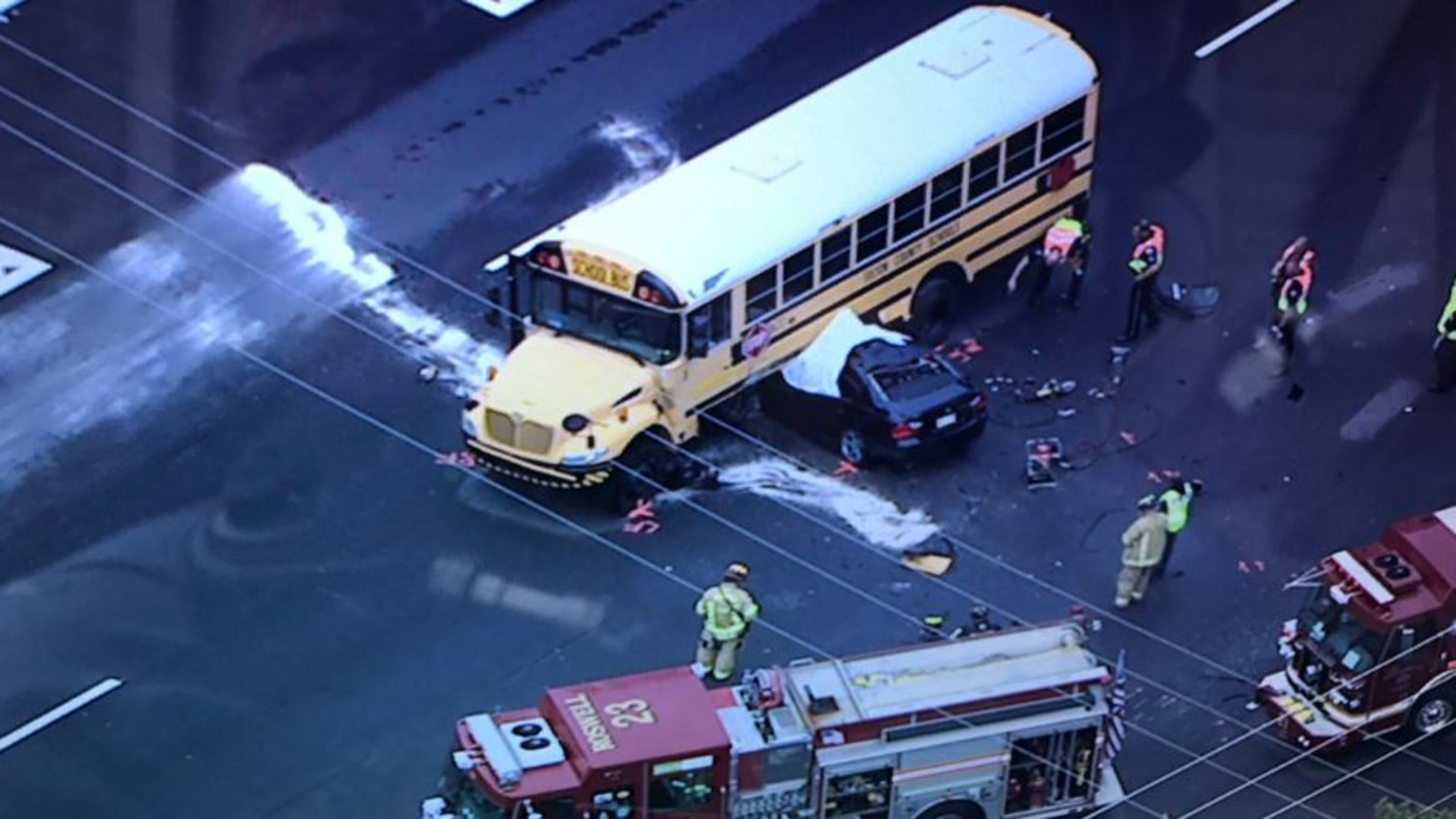 Two people are dead after a crash involving a special-needs school bus in Roswell. (Credit: Channel 2 Action News)