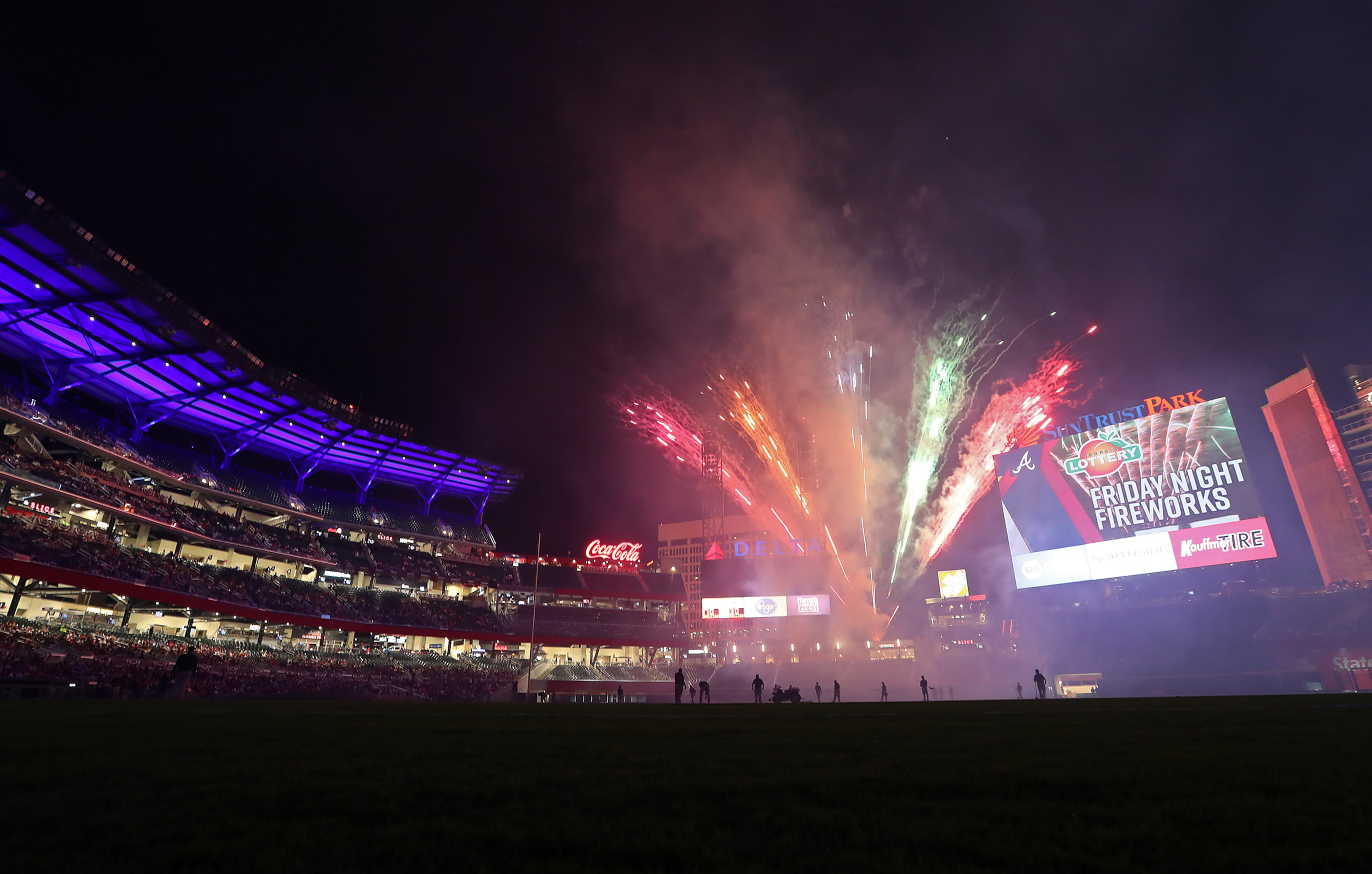 Fireworks top off the night at the conclusion of the Braves home opener in SunTrust Park on Friday, April 14, 2017.