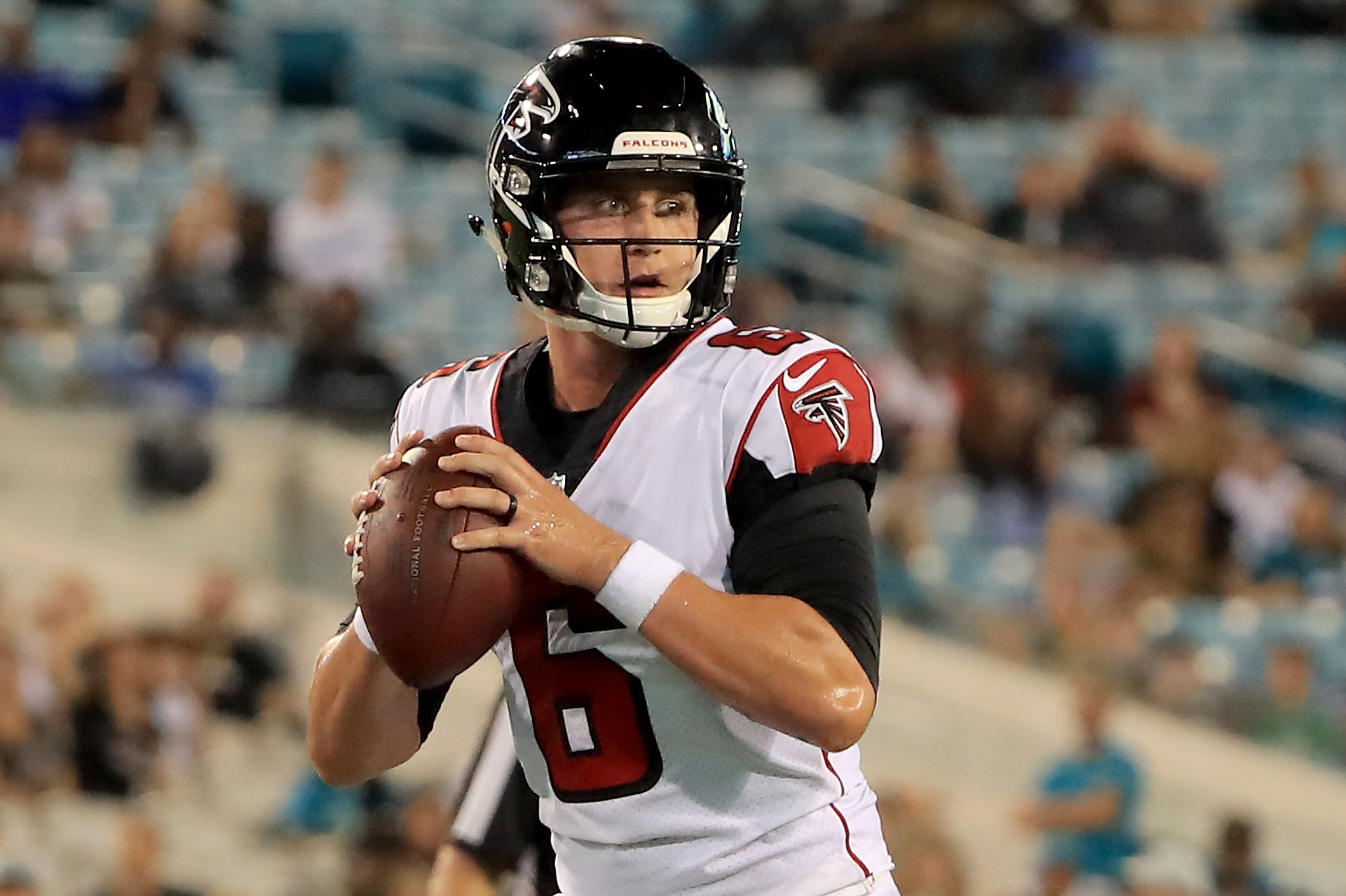 JACKSONVILLE, FL - AUGUST 25: Kurt Benkert #6 of the Atlanta Falcons attempts a pass during a preseason game against the Jacksonville Jaguars at TIAA Bank Field on August 25, 2018 in Jacksonville, Florida. (Photo by Sam Greenwood/Getty Images)