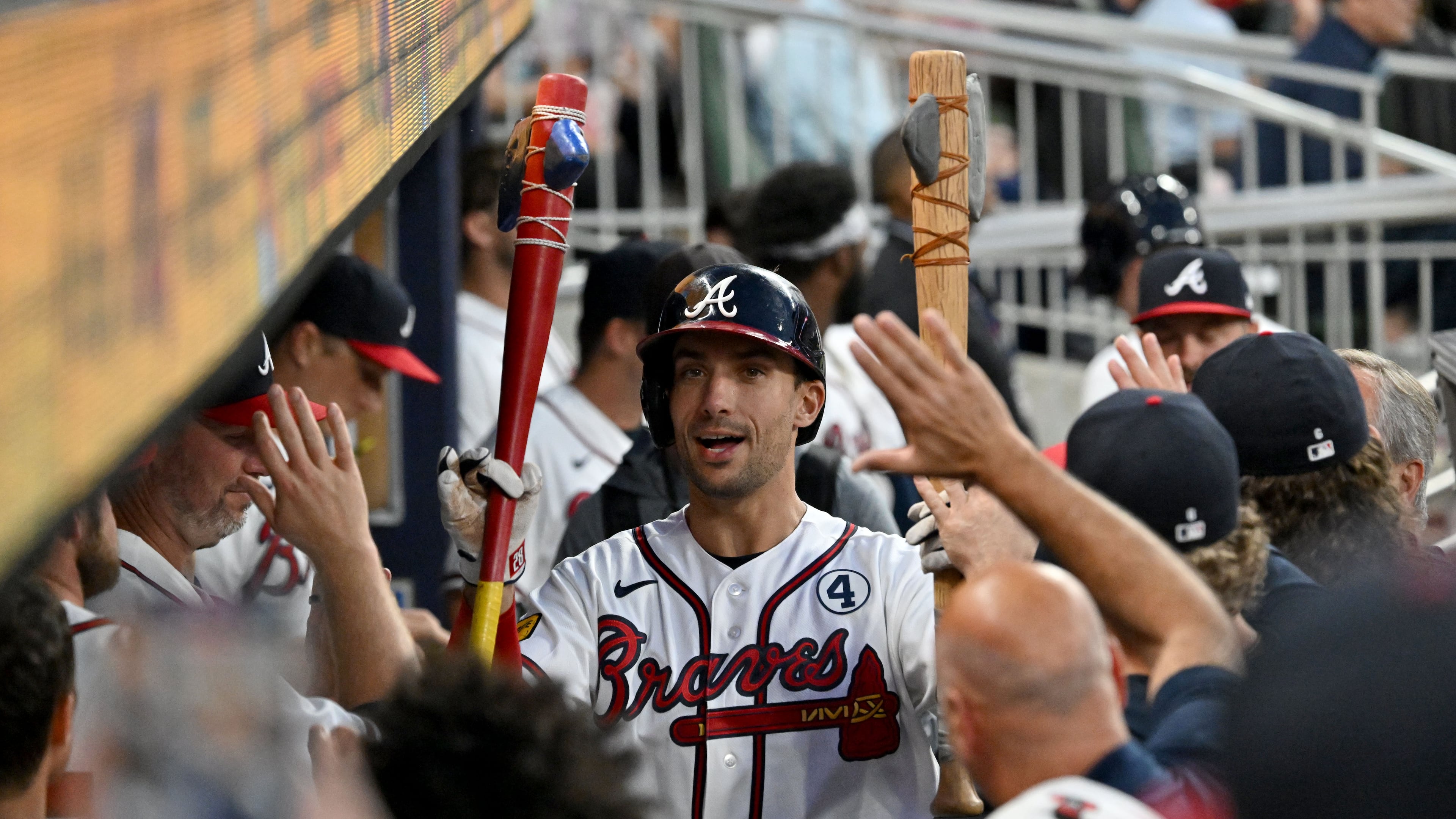 Atlanta Braves first baseman Matt Olson (28) celebrates with teammates after hitting a solo home run during the sixth inning of a baseball game at Truist Park, Tuesday, June 2, 2026, in Atlanta. Atlanta Braves won 4-3 over Toronto Blue Jays. (Hyosub Shin/AJC)