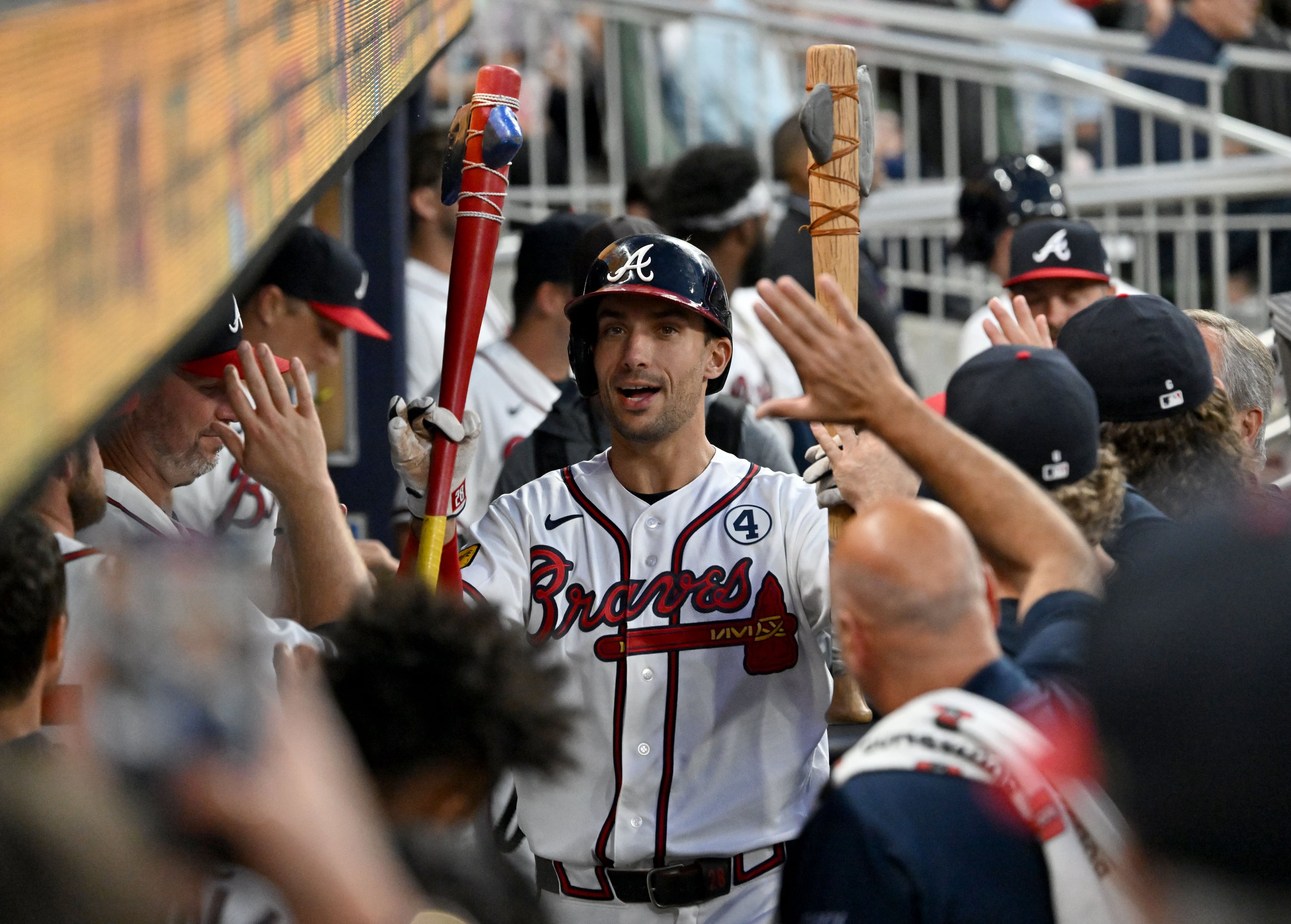 Braves first baseman Matt Olson celebrates with teammates after hitting a solo home run against the Blue Jays at Truist Park on Tuesday, June 2, 2026, in Atlanta. The team is running away with the National League East. (Hyosub Shin/AJC)