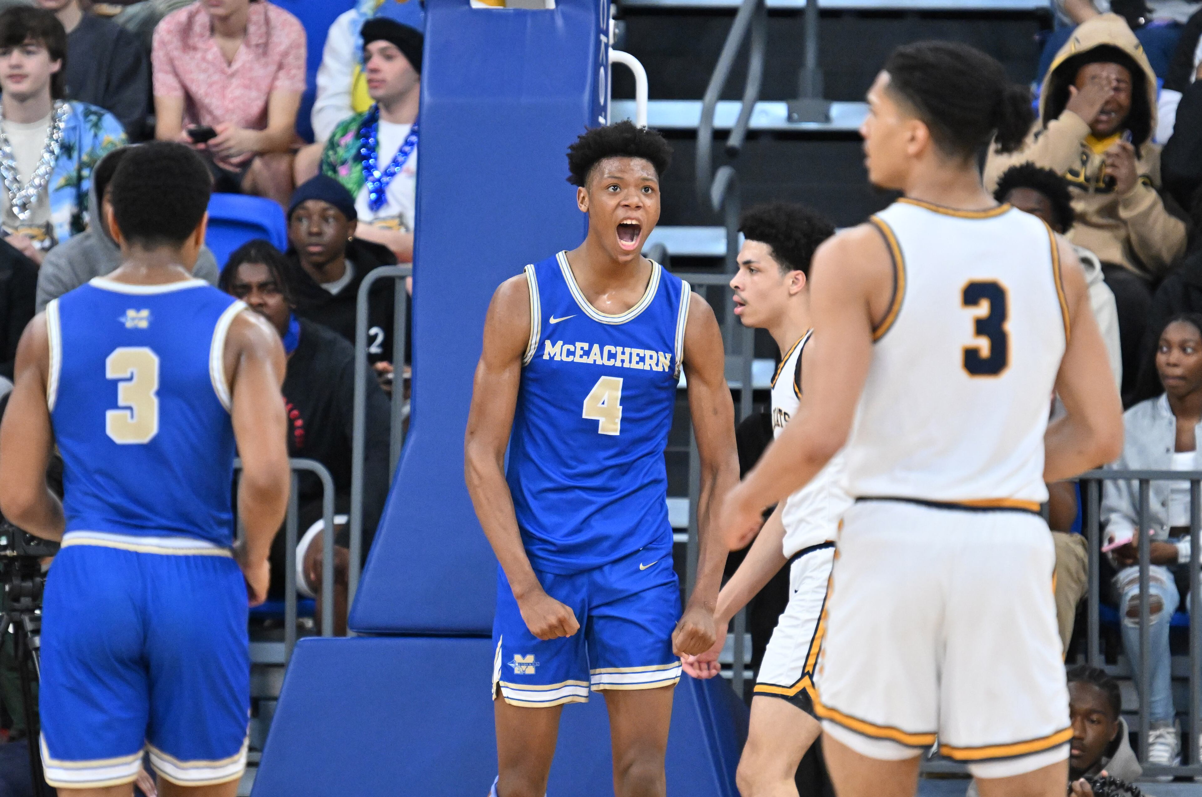 McEachern's Ace Bailey (4) reacts after scoring during the first half of GHSA Class 7A Semifinal basketball game at GSU’s Convocation Center, Saturday, Mar. 2, 2024, in Atlanta. (Hyosub Shin / Hyosub.Shin@ajc.com)