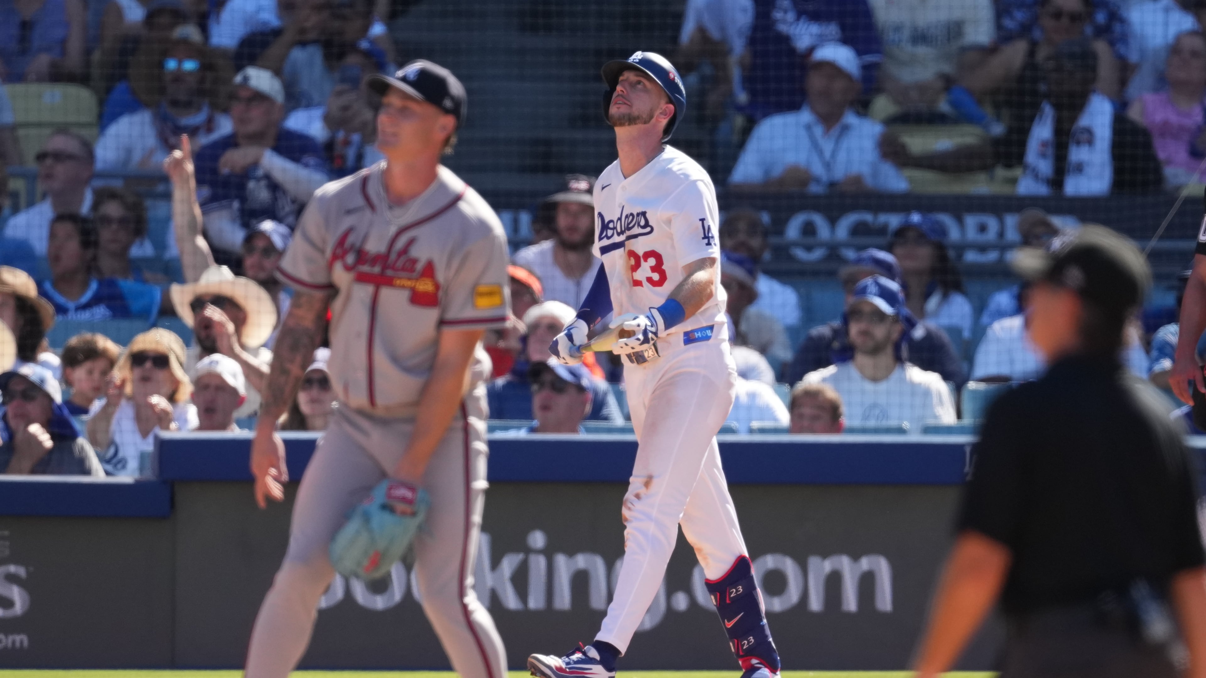 Los Angeles Dodgers' Kyle Tucker watches his two-run home run during the sixth inning of Game 1 of a National League Division Series baseball game against the Atlanta Braves Saturday, Oct. 3, 2026, in Los Angeles. (Jae C. Hong/AP)