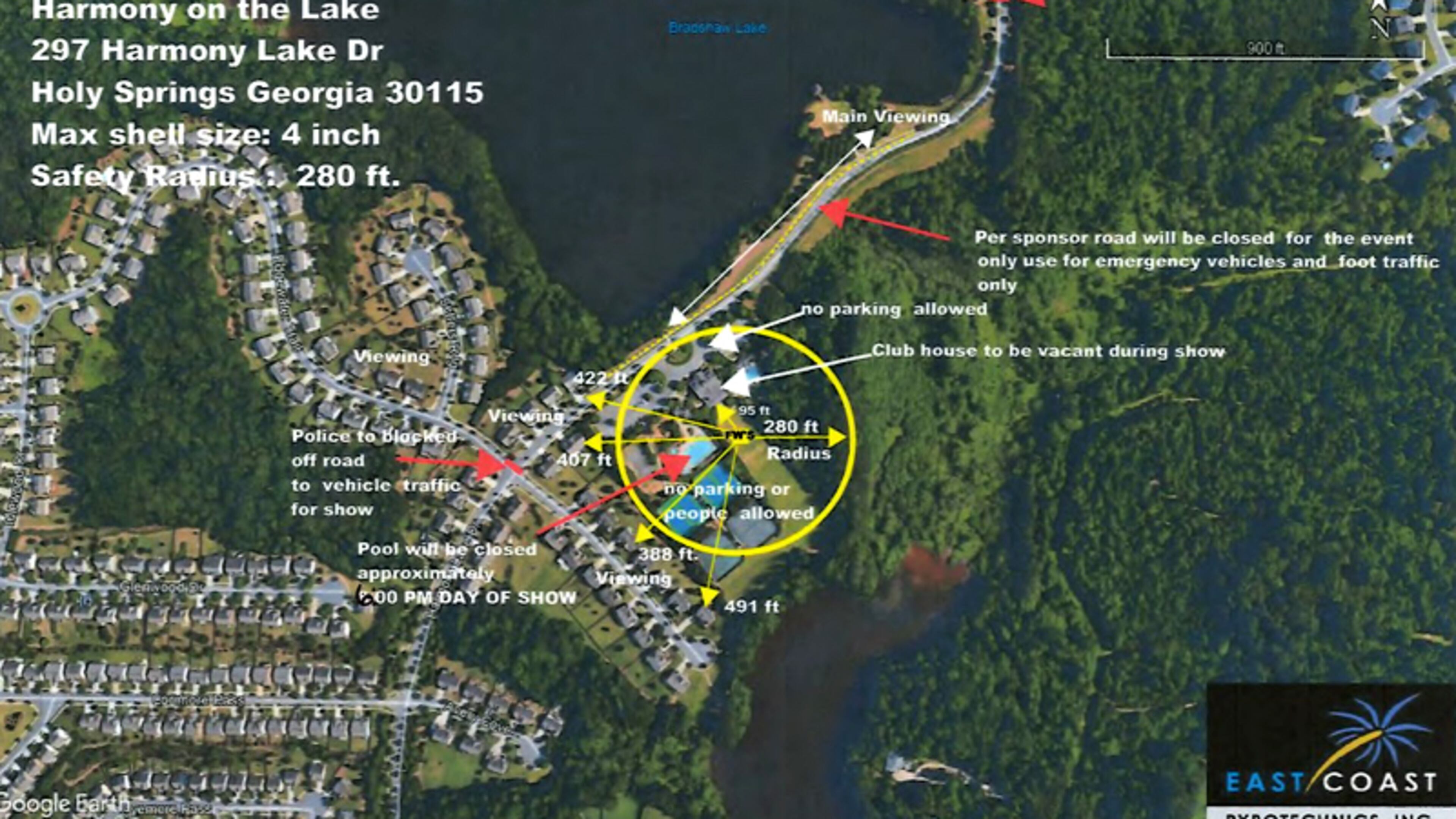 Display depicts the set-up for the July 4th fireworks show at Harmony on the Lakes in Holly Springs. CITY OF HOLLY SPRINGS/EAST COAST PYROTECHNICS