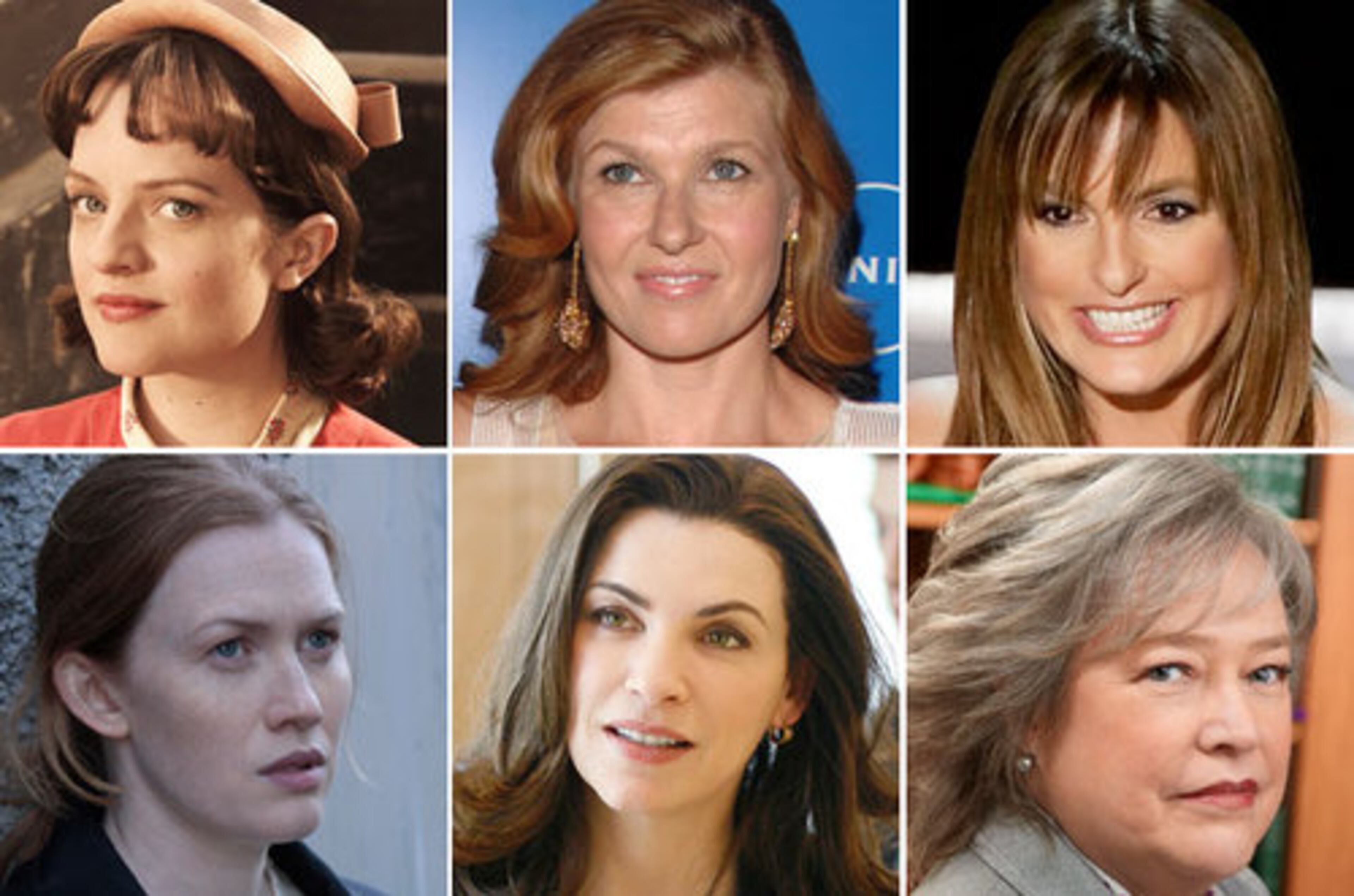 Nominees for Lead Actress in a Drama Series are: Elizabeth Moss as Peggy Olson in Mad Men, Connie Britton as Tami Taylor in Friday Night Lights, Mariska Hargitay as Detective Olivia Benson in Law and Order: Special Victims Unit, Mireille Enos as Sarah Linden in The Killing, Julianna Margulies as Alicia Florrick in The Good Wife and Kathy Bates as Harriet Harry Korn in Harry's Law.
