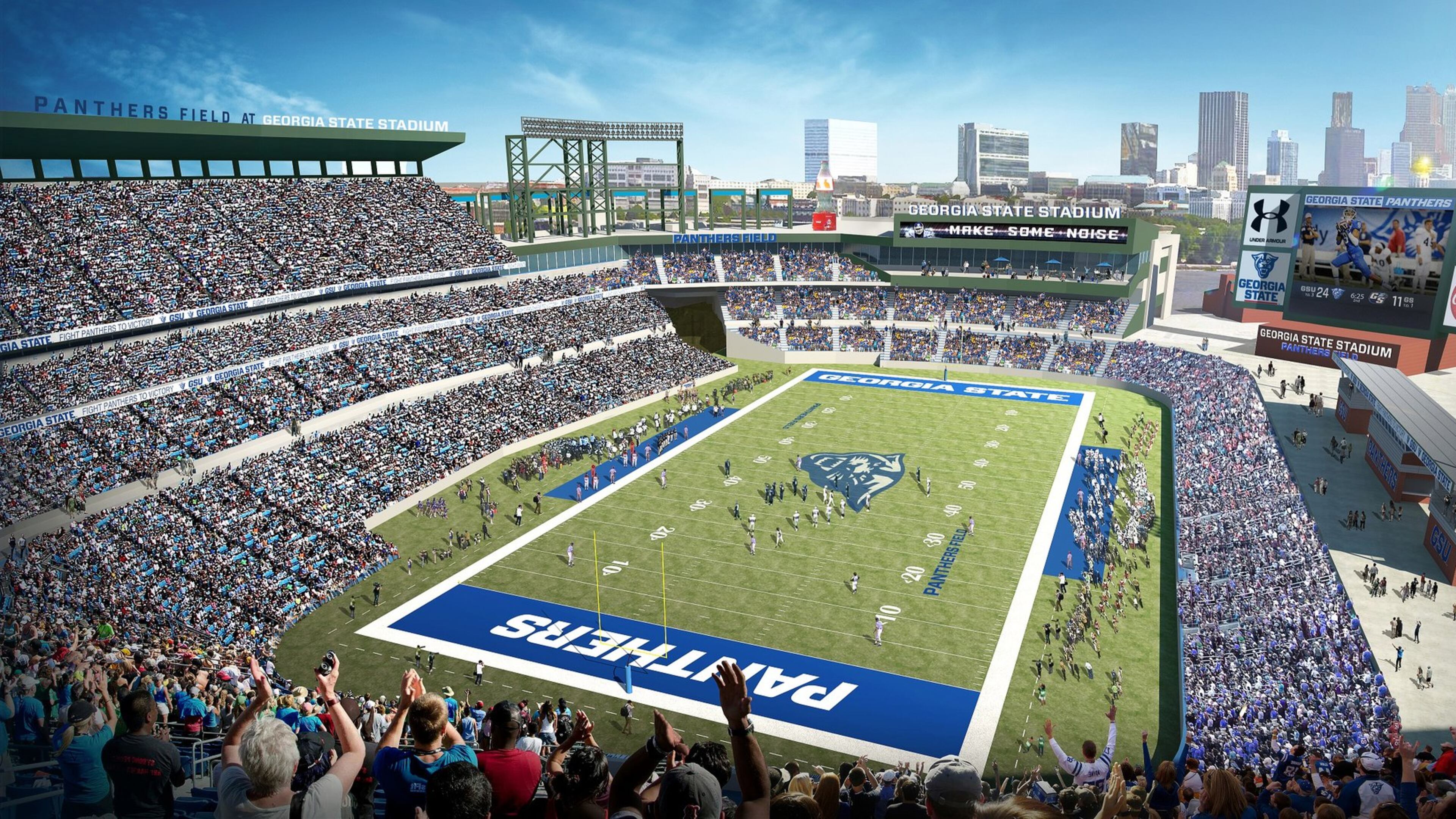 A rendering of Turner Field as a Georgia State Panthers football stadium, the cornerstone of a $300 million mixed-use development and southern extension of Georgia State’s campus. The stadium is slated for conversion into a football stadium with an initial capacity of 23,000 seats that could expand to 33,000. Source: Georgia State